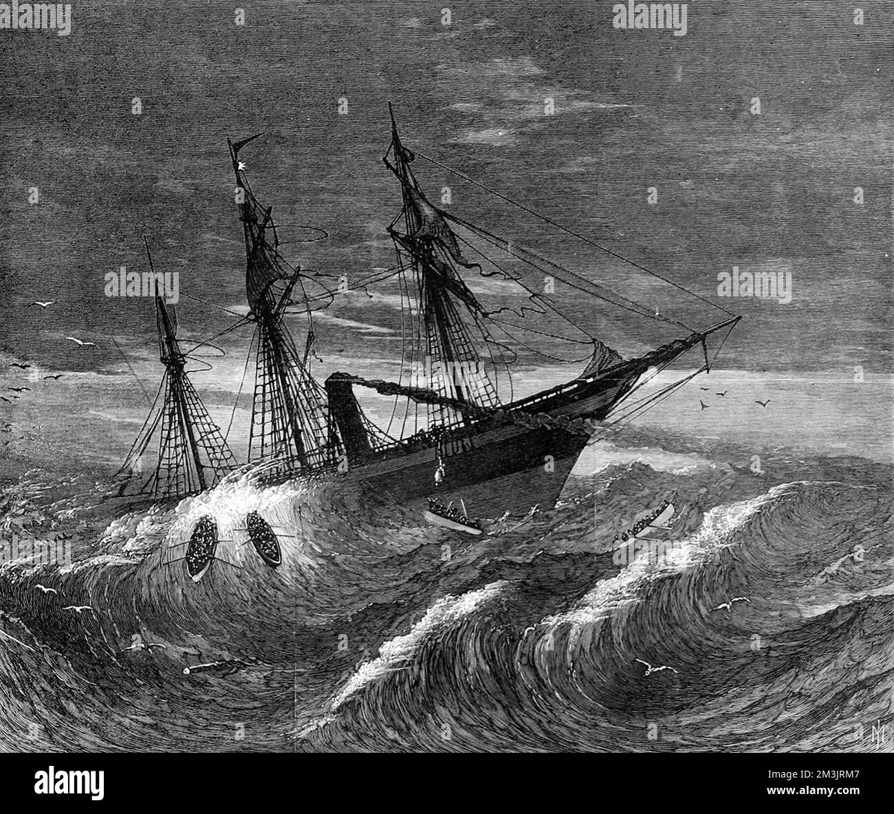 Das Emigrationsschiff, die Hibernia, treibt vor der irischen Küste. Das Bild stammt von einer Skizze von Mr. John C. Forbes, einem der Überlebenden, und zeigt die Rettungsboote, die in stürmischen Gewässern kämpfen. Siebzig Tote starben bei einem Sturm durch einen Unfall mit der Gelenkwelle. Datum: 1868 Stockfoto