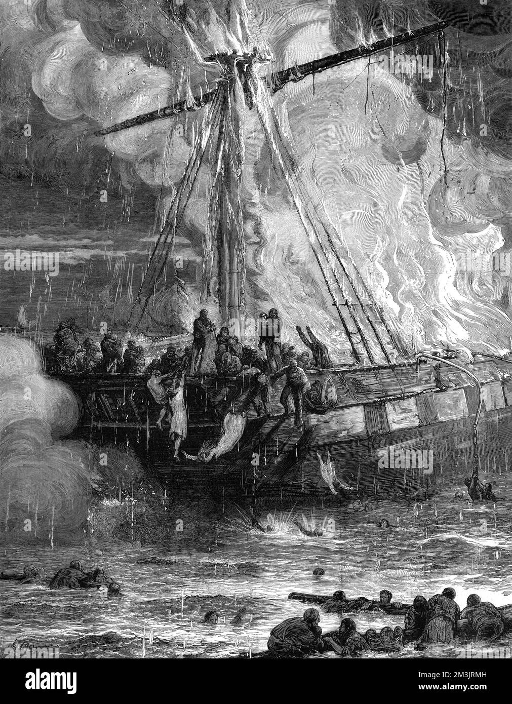 Emigrantenschiff, Cospatrick, Feuer auf See. Bei der Entdeckung des Feuers versuchte die Crew, die Flammen zu ersticken, aber der Wind verbreitete sie um das Schiff. Sobald die Passagiere von dem Feuer erfuhren, setzte Panik ein und die Leute versuchten, sich selbst zu retten, indem sie über Bord sprangen, und viele ertranken daraufhin. Einige schafften es, in die Rettungsboote zu steigen, aber nur zwei blieben über Wasser und alle Passagiere starben. Von 429 Emigrantenpassagieren und einer Besatzung von 45 Personen überlebten nur drei. 1875 Stockfoto