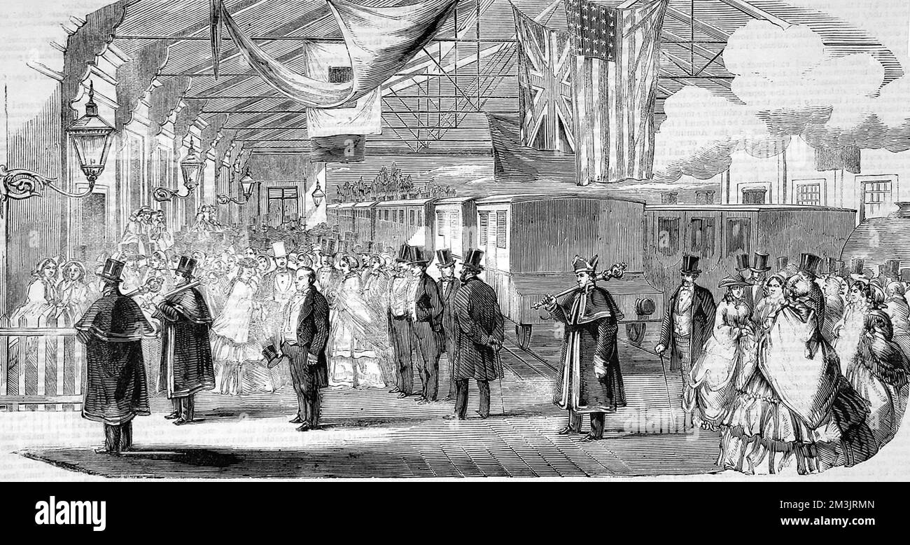 Die Eisenbahn South Devon und Tavistock wurde am 21.. Juni 1859 eingeweiht. Die Veranstaltung wurde mit großer Festlichkeit gefeiert, da die Eröffnung der Linie dem Handel zwischen Plymouth und Davenport sehr zugute käme. 1895 Stockfoto