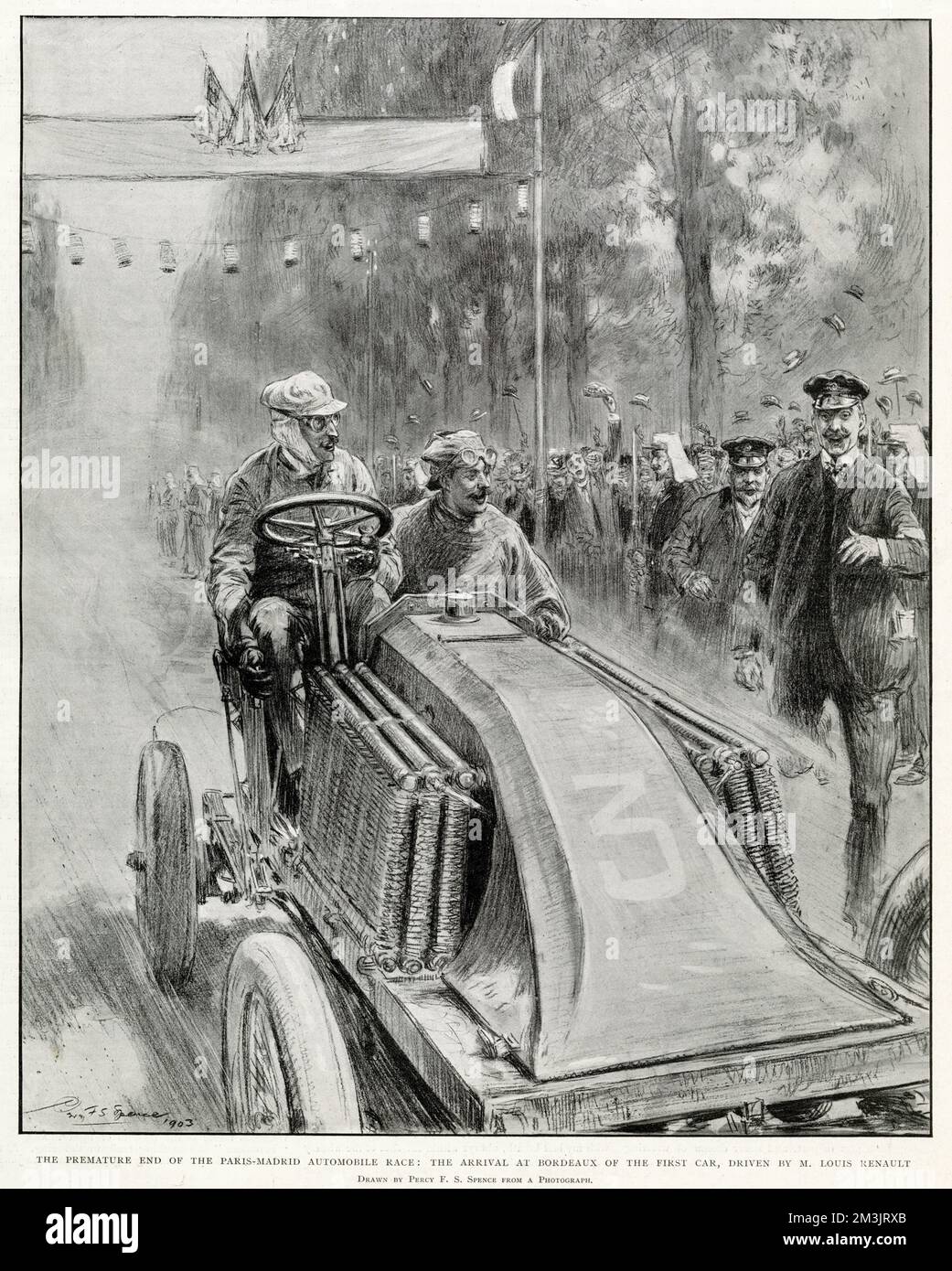 Vorzeitiges Ende des Autorennens Paris-Madrid, bei dem das erste Auto von M. Louis Renault in Bordeaux eintrifft. Renault erfuhr von dem schrecklichen Unfall, der seinem Bruder Marcel Renault widerfahren war, der später starb. Stockfoto