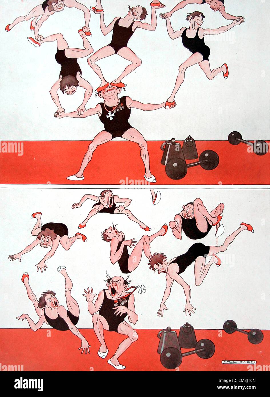 Eine Gruppe von Akrobaten, die einen Balanceakt durchführen, nur um auf den Boden zu stürzen, wenn der starke Mann, der sie hält, niest. Datum: 1925 Stockfoto