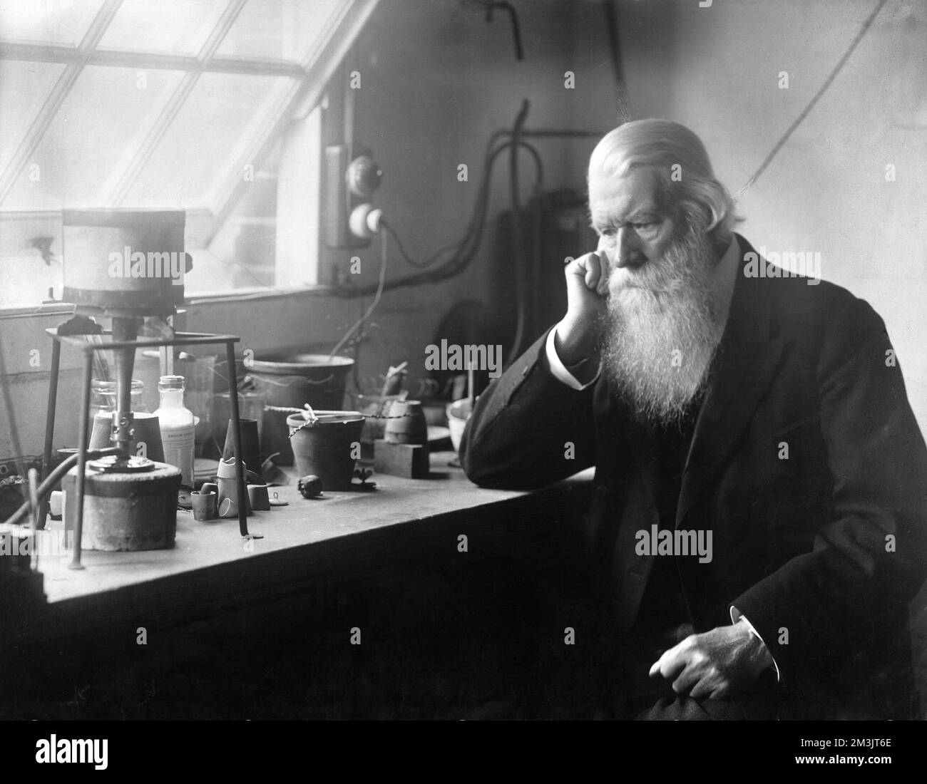 Sir Joseph Wilson Swan (1828-1914), englischer Chemiker, Erfinder und Industrielle. Er erfand nicht nur den fotografischen Prozess mit trockenen Platten, sondern führte 1879 seine erste erfolgreiche Demonstration einer Glühbirne vor. Innerhalb von vier Jahren produzierte er 10.000 Lampen pro Woche, und 1883 verschmolzen er sein Geschäft mit Thomas Alva Edison und gründete die Edison and Swan Electric Company. 1874 wurde er Fellow der Royal Society und wurde 1904 zum Ritter geschlagen. Stockfoto
