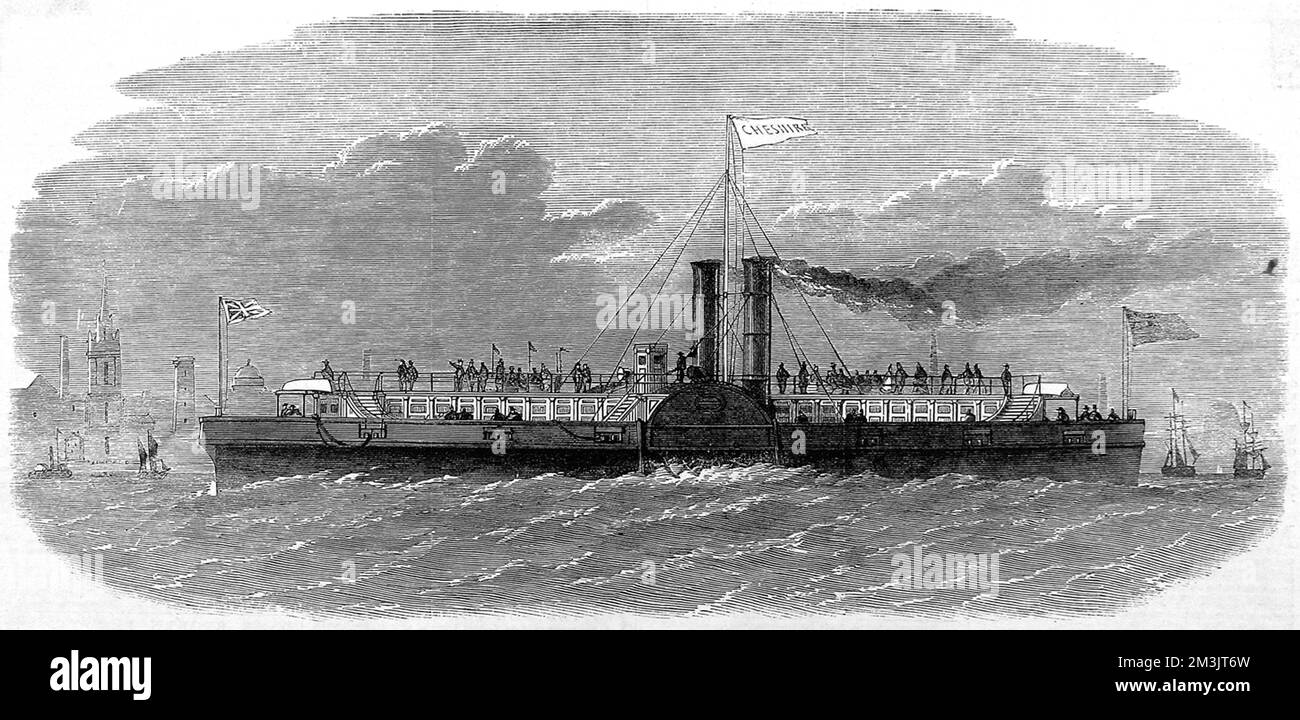 Liverpool und Birkenhead Ferry-Steamer, 'Cheshire', 31.. Oktober 1863. Diese Paddel-Dampfer-Fähre wurde für die Woodside Ferry Commissioners nach einem Design gebaut, das bis zu 2000 Passagiere pro Fahrt erlaubte. Ungewöhnlich kam die „Cheshire“ auf den Markt, und ihre Boiler waren bereits in Betrieb und begaben sich sofort auf eine Probefahrt entlang der Mersey. 1863 Stockfoto