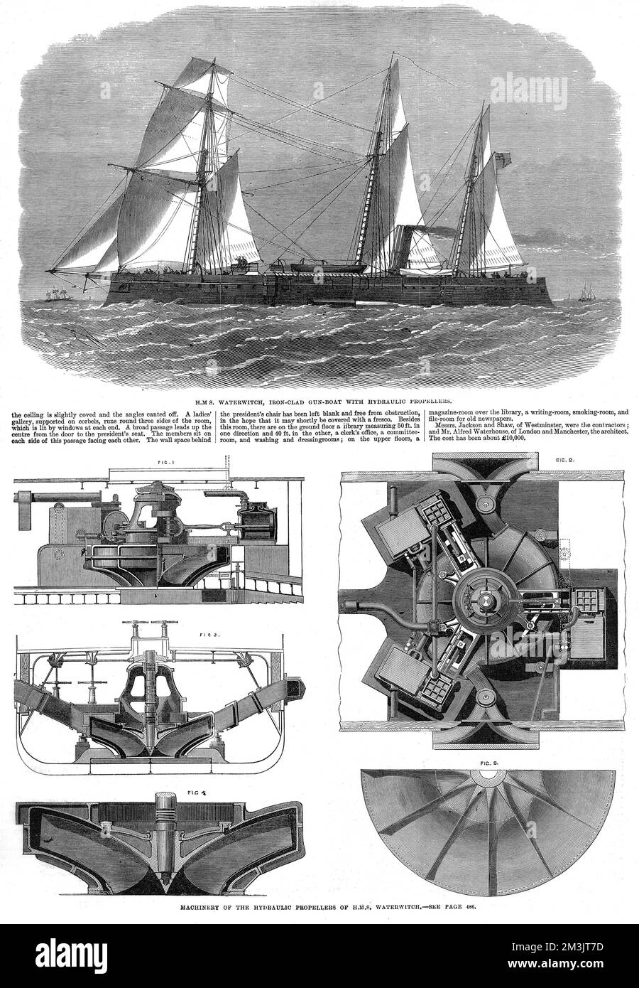 HMS 'Waterwitch' und ihre hydraulischen Propeller. HMS „Waterwitch“ wurde 1866 in Thames Ironworks, Blackwall, erbaut und verfügte über ein neuartiges hydraulisches Antriebssystem, das auf beiden Seiten des Schiffes Wasser ableitet. Es wurde berichtet, dass diese Wasserstrahlen Waterwitch mit bis zu 9 Knoten antreiben konnten und sie extrem manövrierfähig machten. 1866 Stockfoto