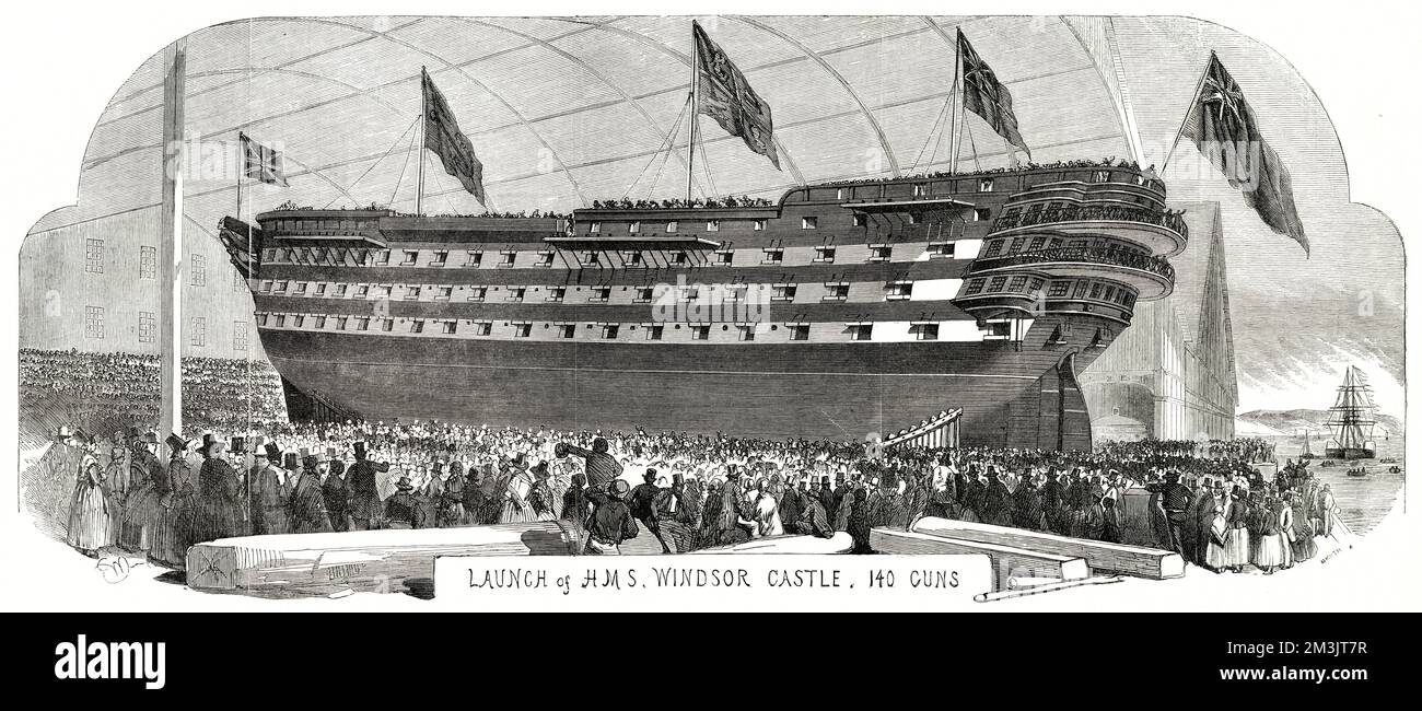 Wiederstart des erstklassigen HMS Windsor Castle mit 140 Waffen am 14. September 1852 in Pembroke Dockyard. HMS „Windsor Castle“ wurde erstmals 1849 auf den Markt gebracht, wurde jedoch verlängert und 1852 mit Motoren ausgestattet, was zum längsten Kriegsschiff mit drei Decks der Welt wurde. Später in diesem Jahr wurde sie zum Gedenken an den berühmten General in HMS „Duke of Wellington“ umbenannt. Sie diente während des Krim-Krieges als Flaggschiff der Ostsee, dann als Flaggschiff des Oberbefehlshabers von Portsmouth. Sie wurde verkauft und hat sich 1904 getrennt. Stockfoto