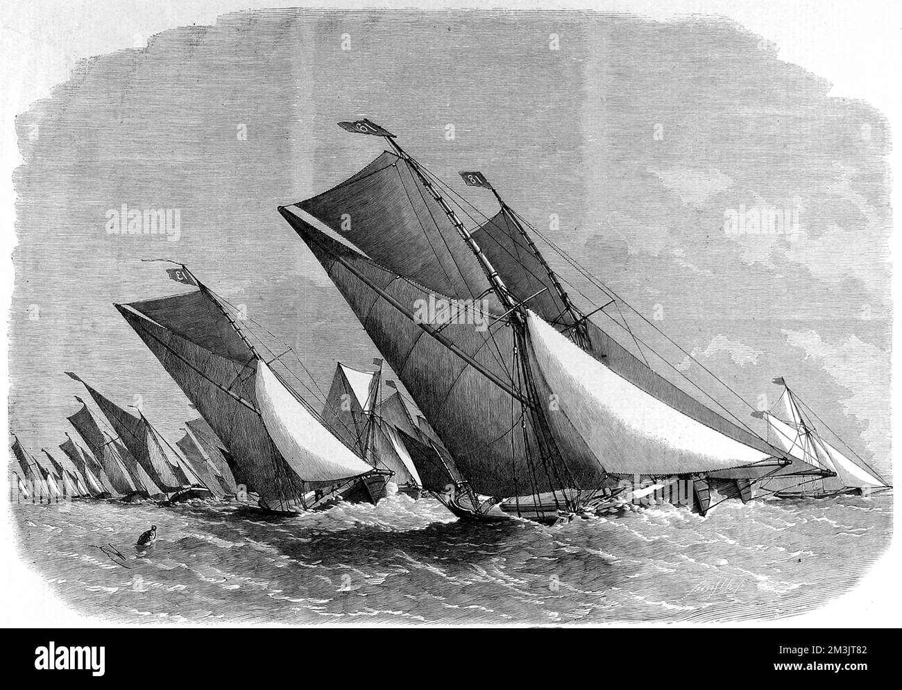 Segelschiff-Spiel auf der Themse. Dieses Spiel wurde vom Prince of Wales Yacht Club auf einem Kurs von Erith zum Chapman Light und zurück ausgerichtet, an dem 40 Topsegel und überrumpelte Schiffe teilnahmen. Topsegelkahn. 1864 Stockfoto