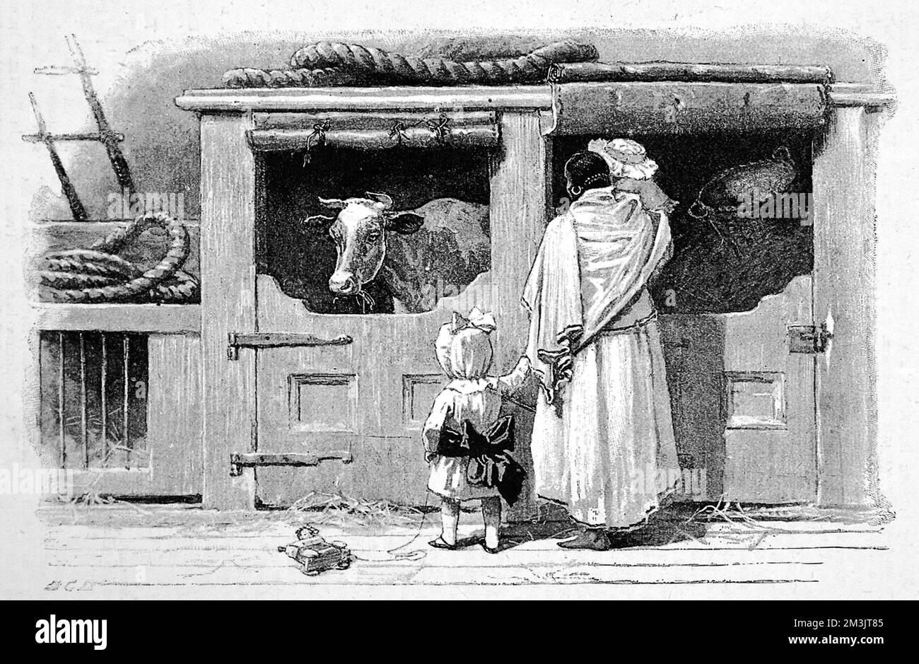 Mehrere Passagiere bewundern die Kuh eines P&amp;O-Schiffes. Vieh war zu dieser Zeit ein häufiges Merkmal an Bord, wie der speziell für dieses Wesen gebaute Stall bezeugt. 1890 Stockfoto