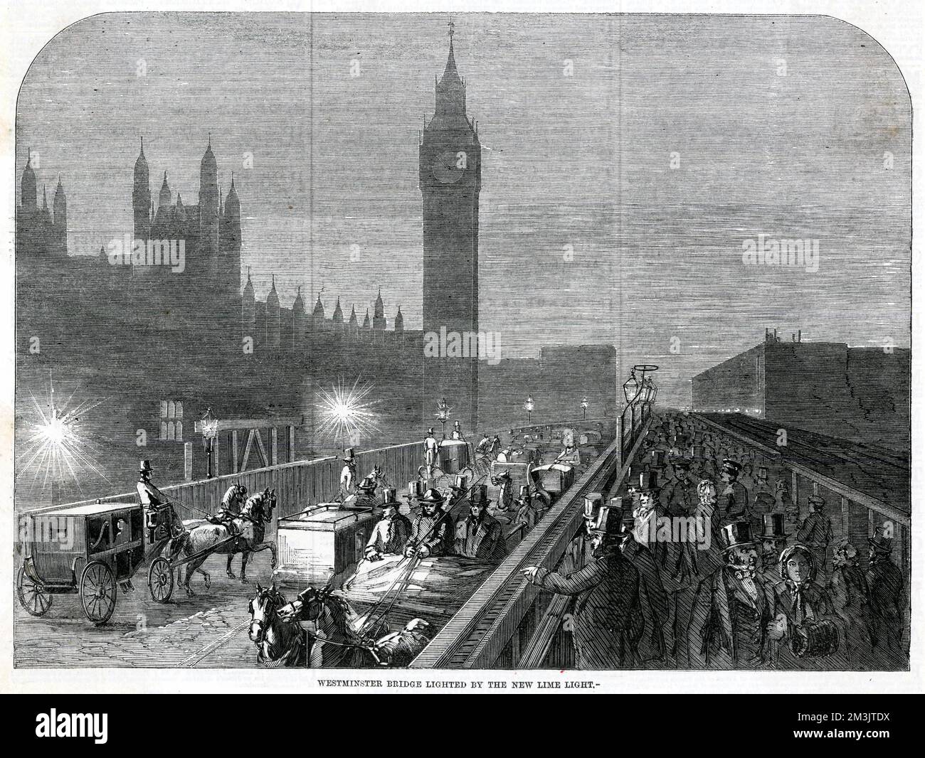Die Westminster Bridge wird von Limettenlicht beleuchtet, während sich Menschenmassen und Pferdekutschen kreuzen. Kalklicht war so intensiv, dass man es 95 Meilen entfernt sehen konnte, aber es stellte praktische Probleme dar, da große Mengen Sauerstoff und Wasserstoffgase in unmittelbarer Nähe gelagert werden mussten und potenziell gefährlich war. 1860 Stockfoto