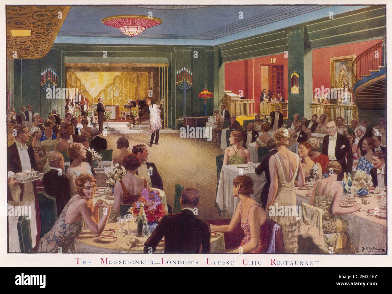 Abend im Monseigneur, einem modischen Londoner Restaurant, mit Dinner, die eine Kabarettvorstellung beobachten. Das Monseigneur Restaurant war einer der drei beliebtesten Orte für Tanzmusik in den 1930er Jahren. Es war mit dem Savoy Restaurant und dem Mayfair Hotel als Top-Showcase für die populäre Musik des Tages konkurrierend. Roy Fox und Lew Stone waren die Bandleader, die den Monseigneur während der Jahre der Depression in Großbritannien bewohnten. Der bekannte Gastronomie, M. Taglioni, steht im rechten Vordergrund. Datum: 1931 Stockfoto