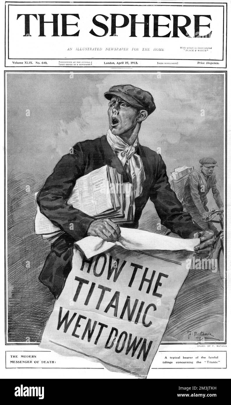 Die schicksalhafte Nachricht der Titanic, frisch aus der Presse. Die „Titanic“ wurde von der Werft Harland und Wolff für White Star Lines gebaut und war fast identisch mit ihrem Schwesterschiff „Olympic“ und konkurrierte mit Cunards „Lusitania“ und „Mauretania“. Auf ihrer Jungfernfahrt über den Atlantik schlug die Titanic am 15.. April 1912 auf einen Eisberg und sank mit dem Verlust von 1503 Menschenleben. Dieses Bild wurde von Fortunio Matania gezeichnet. Datum: April 1912 Stockfoto Die schicksalhafte Nachricht der Titanic, frisch aus der Presse. Die „Titanic“ wurde von der Werft Harland und Wolff für White Star Lines gebaut und war fast identisch mit ihrem Schwesterschiff „Olympic“ und konkurrierte mit Cunards „Lusitania“ und „Mauretania“. Auf ihrer Jungfernfahrt über den Atlantik schlug die Titanic am 15.. April 1912 auf einen Eisberg und sank mit dem Verlust von 1503 Menschenleben. Dieses Bild wurde von Fortunio Matania gezeichnet. Datum: April 1912 Stockfoto