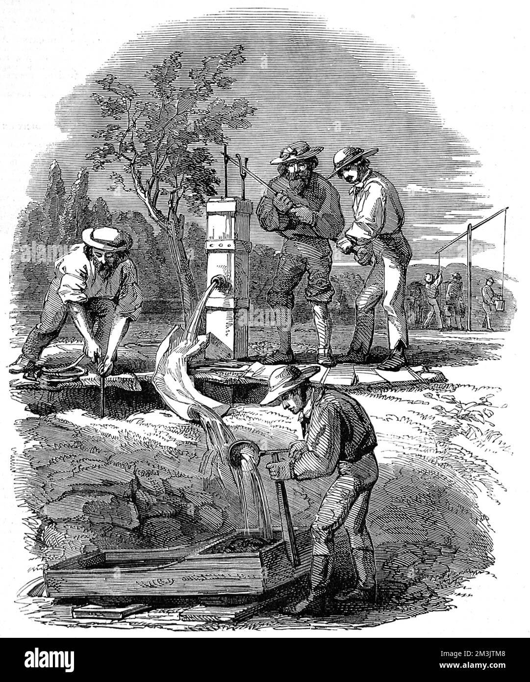 Das Flussbett, das auf dem Turon Fluss gesiebt ist, eine Skizze von den Turon Goldfeldern, New South Wales. Die Pumpe wird 12 Meter von der Oberfläche des Flusses abgesenkt und Wasser wird verwendet, um die Erde in der Wiege zu waschen. Dies ist ein arbeitsplatzsparendes Gerät, das es den Baggern ermöglicht, große Mengen an Gold zu gewinnen Datum: 21.. August 1852 Stockfoto