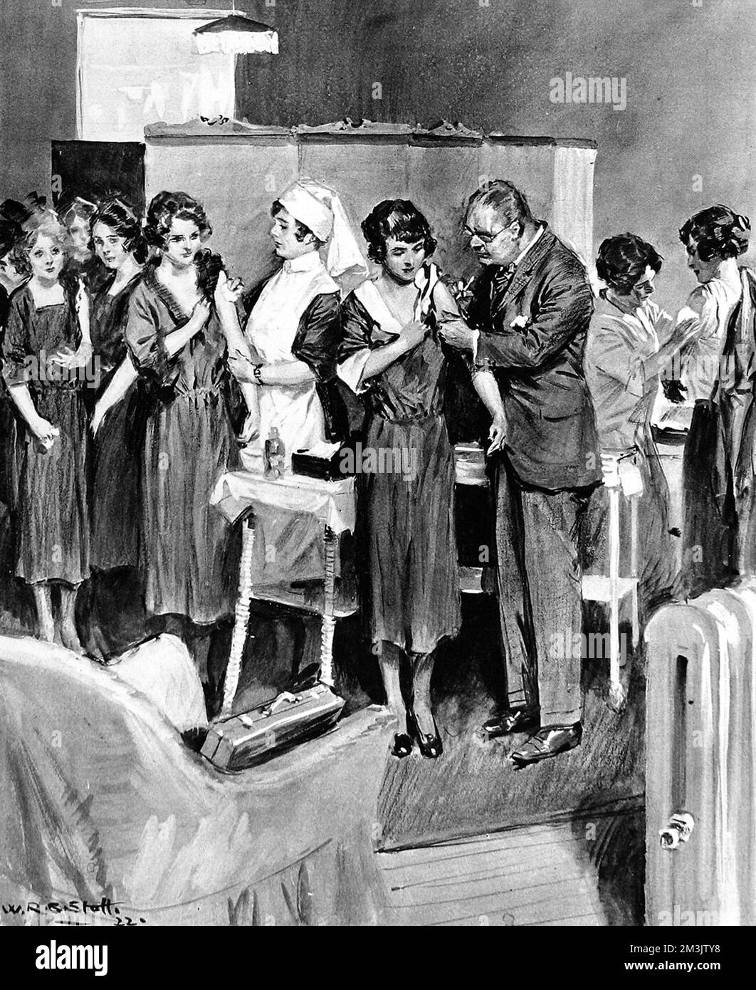 Pockenausbruch im Oktober 1922. Eine Illustration von weiblichen Assistenten bei Harrods, die sich an die Reihe machen, um geimpft zu werden. Datum: 1922 Stockfoto