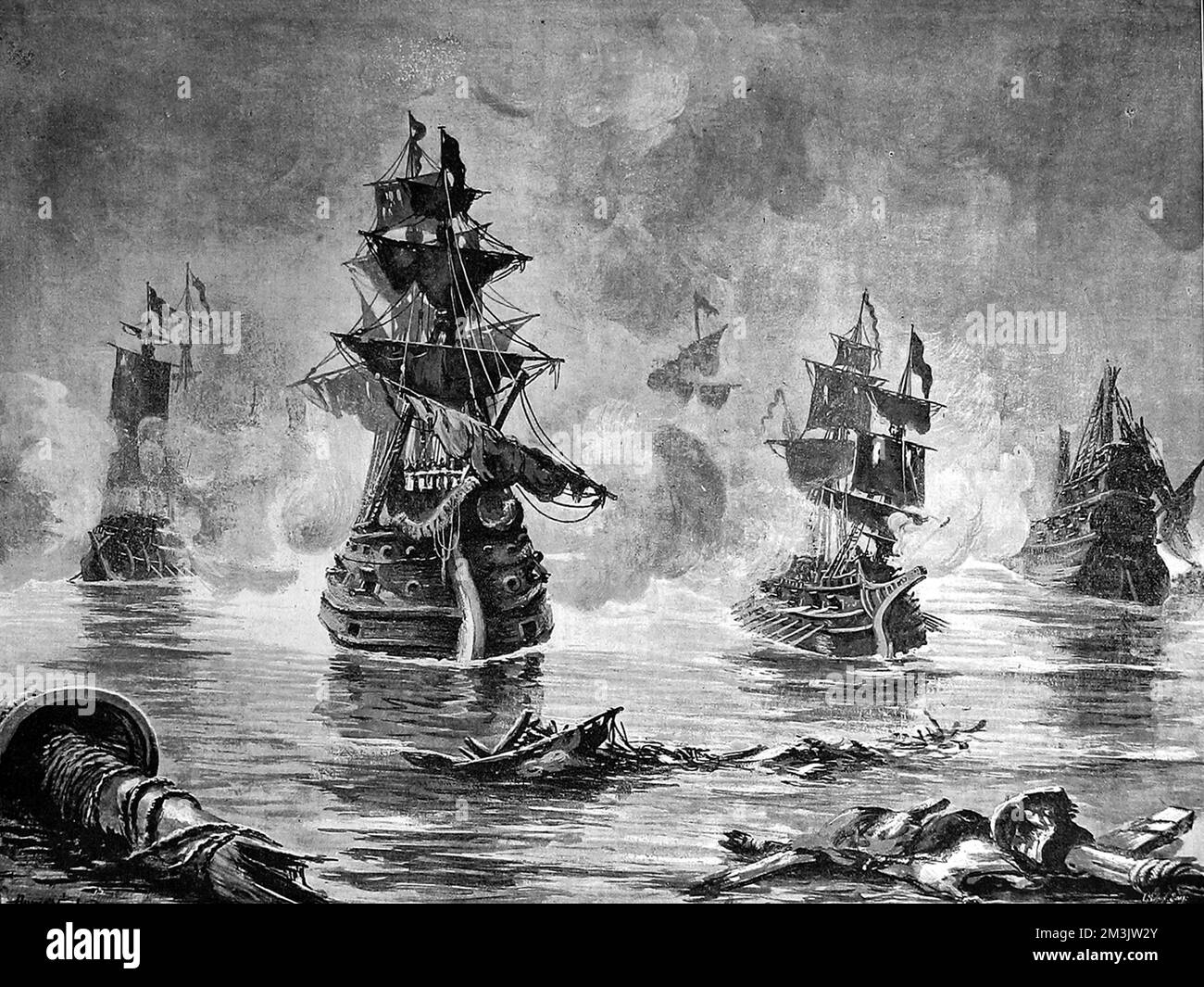 Schlacht im Ärmelkanal zwischen Elisabeths Flotte und der spanischen Armada von König Philip II Auf diesem Bild sind offenbar mehrere englische Galeonen oder Galeasen zu sehen, die das Feuer mit einer großen spanischen Galeone (in der Mitte) austauschen. Datum: 1588 Stockfoto