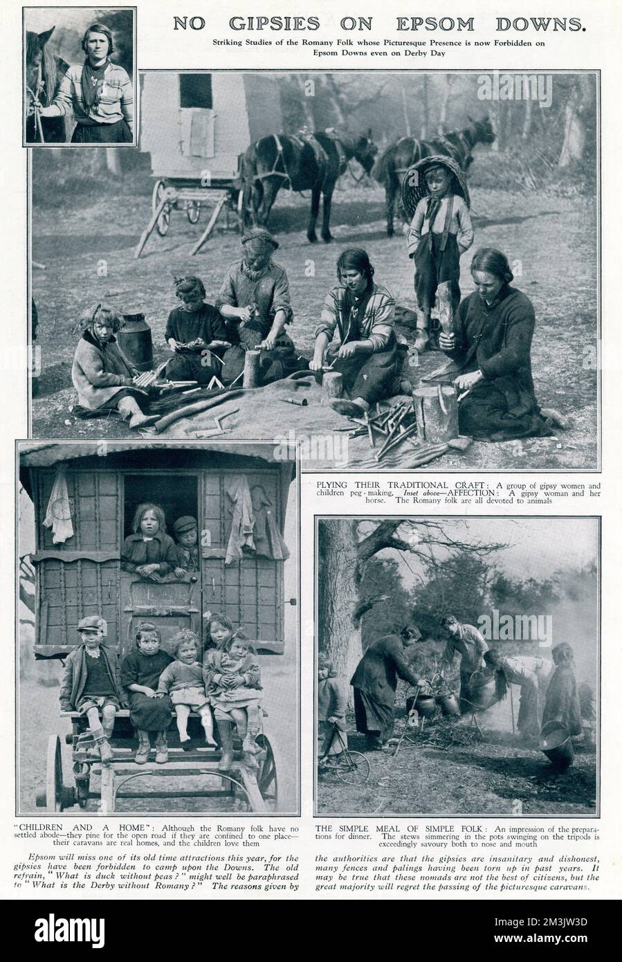 Romanisches Volk, dessen Anwesenheit an Epom Downs verboten war, selbst am Derby-Tag. Eine Gruppe von Zigeunerinnen und Kindern, die sich anhängen Datum: 1929 Stockfoto