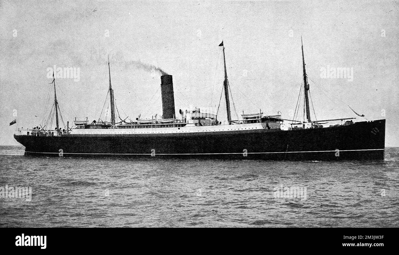 Die RMS „Carpathia“ von The Cunard Line wurde 1902 von der Werft Swan Hunter eingeführt. Sie war das erste Schiff, das für die Cunard Line gebaut wurde, die ausschließlich für Passagiere der zweiten und dritten Klasse gedacht war. Im Jahr 1912 war sie das erste Schiff, das an dem Untergang der „Titanic“ teilnahm. Die "Carpathia" wurde 1918 von einem deutschen U-Boot versenkt, vor dem Fastnet, Südirland. 1903 Stockfoto