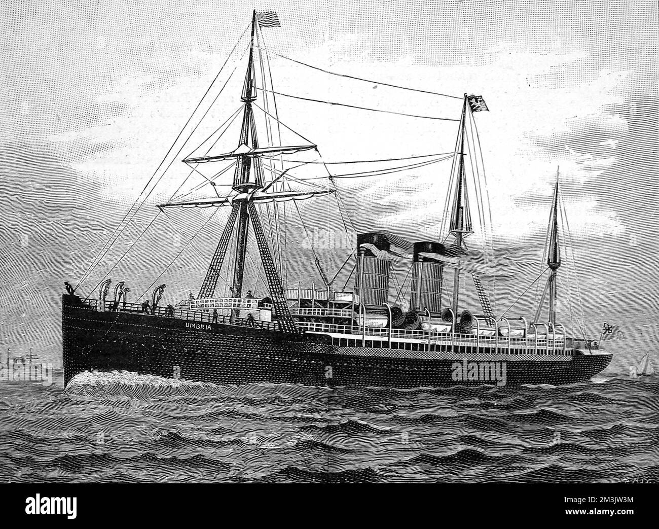 Cunard-Dampfschiff „Umbria“. Während einer Überfahrt von Queenstown nach New York im Dezember 1892 brach der Gelenkschaft von „Umbria“ und sie wurde behindert, wodurch eine Routinereise von einer Woche zu einem Abenteuer von 13 Tagen wurde. Der Schiffsingenieur musste einen provisorischen Propellorschacht bauen, der mehrere Tage dauerte, als das Schiff im Atlantik driftete. 1893 Stockfoto