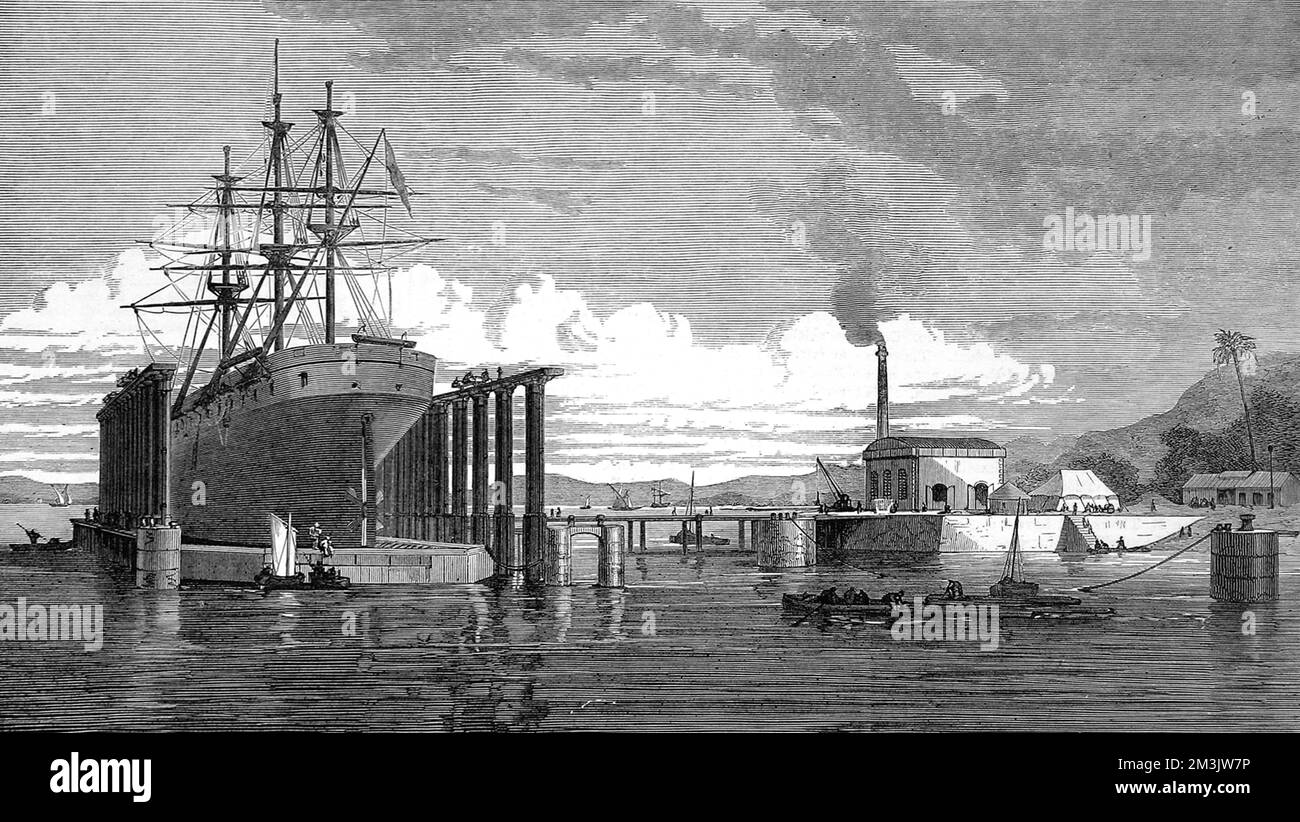 Graving Dock mit hydraulischem Aufzug auf Hog Island, Bombay, eröffnet am 16.. November 1872. Dieses Dock könnte Schiffe mit einer Länge von bis zu 400 Fuß aus dem Wasser heben, um an ihren Schiffsrümpfen zu arbeiten. 1872 Stockfoto