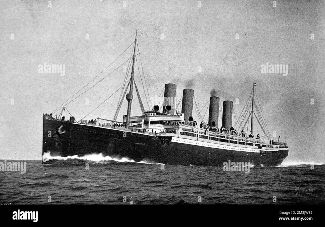 Der norddeutsche Lloyd Liner 'Kaiser Wilhelm der Grosse' auf See, 1900. Dieses Schiff wurde von den vulkanischen Werften in Stettin mit dem Ziel gebaut, das Blue Riband zu gewinnen. Sie wurde 1897 vom Kaiser selbst ins Leben gerufen und schaffte den Transatlantic Run in 5 Tagen und 20 Stunden im selben Jahr, um den Titel zu gewinnen. Sie diente dem transatlantischen Run bis 1914, als sie von der deutschen Marine als Hilfskreuzer übernommen wurde. Im August desselben Jahres wurde sie versenkt, nachdem sie von HMS „Highflyer“ angegriffen wurde. Stockfoto