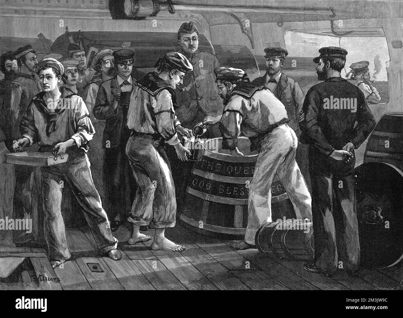 Verteilung von „Grog“ (verwässerter Rum) an Bord der HMS „Sultan“ zur Feier des Jubiläums von Königin Victoria im Jahr 1887. Wie man sieht, beobachten mehrere nicht in Auftrag gegebene Beamte (und vielleicht auch der Zahlmeister) die Verfahren, um die ordnungsgemäße Zuweisung sicherzustellen. "Grog" wurde so genannt, wie es erstmals auf Befehl von Admiral Edward Vernon herausgegeben wurde, dessen Spitzname "Old Grogram" war, nachdem das Material, aus dem sein Umhang gemacht wurde, das Material war. Zuvor gab die Royal Navy ihren Seeleuten Rum aus, und Admiral Vernon war motiviert von dem Wunsch, betrunkene Unfälle einzudämmen. 1887 Stockfoto