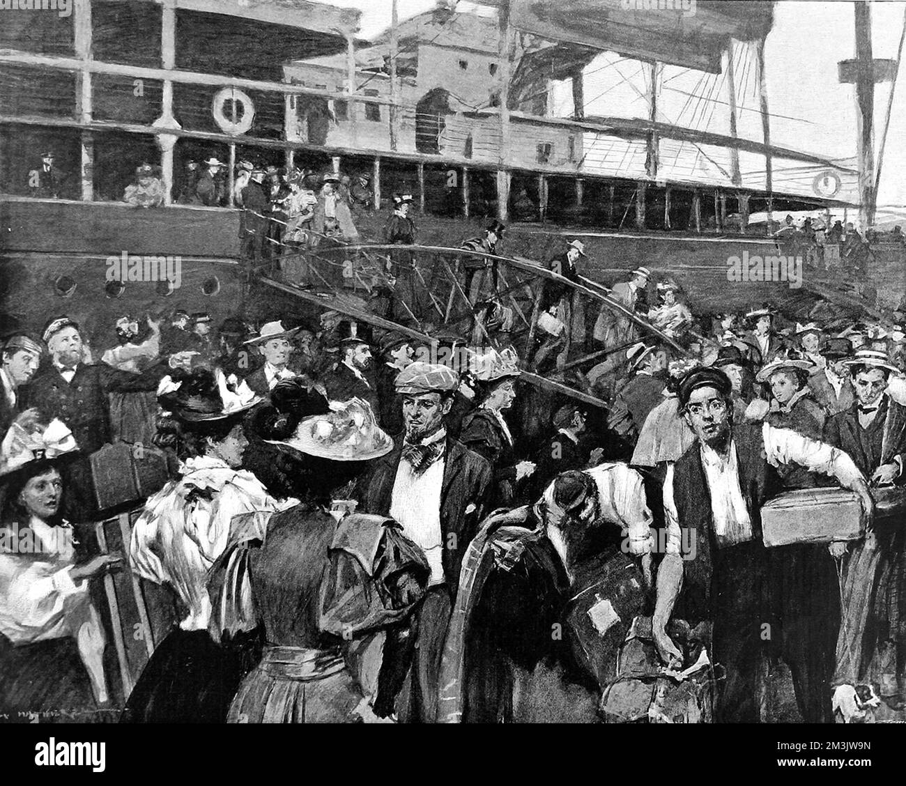 Limousinenpassagiere, die vom White Star Line Dampfschiff „Majestic“ in Liverpool aussteigen. Die ursprüngliche Überschrift lautete „der Beginn der transatlantischen Tourismussaison“. Stockfoto