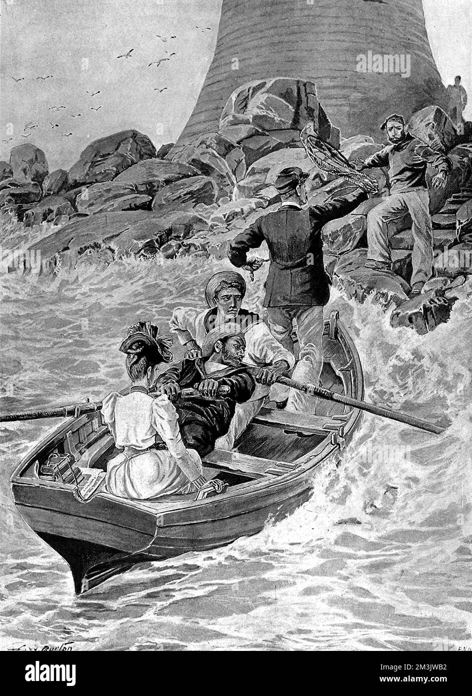 Die Ankunft von Besuchern, mit dem Boot, an einem Leuchtturm. Wie in diesem Bild gezeigt, war die häufigste Möglichkeit, in viktorianischer Zeit Offshore-Leuchttürme zu erreichen, kleine Ruderboote an rauen Ufern zu landen. 1895 Stockfoto
