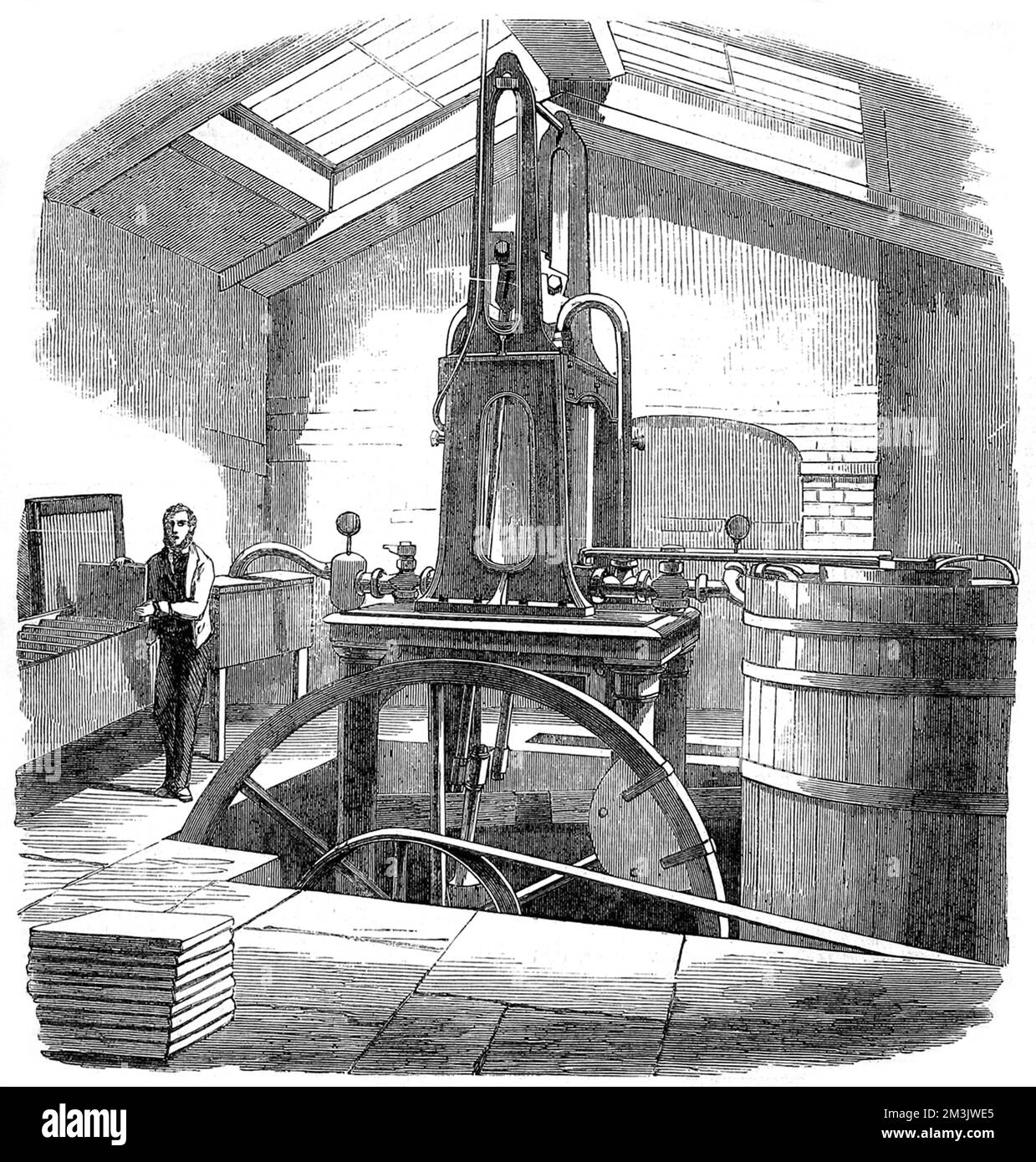 Die Eismaschine, entworfen von Mr. Harrison aus Geelong, Australien. Diese Maschine wurde von Herrn Siebe von Denmark Street, Soho, London, gebaut und war ein Prototyp, der Berichten zufolge 5.000 bis 6.000 kg Eis pro Tag produzieren konnte. Diese Maschine verwendete die Verdunstung von Ether in einem Vakuum, um Kühlung zu erzeugen, und wurde von einer zehn-PS-Dampfmaschine angetrieben. 1858 Stockfoto