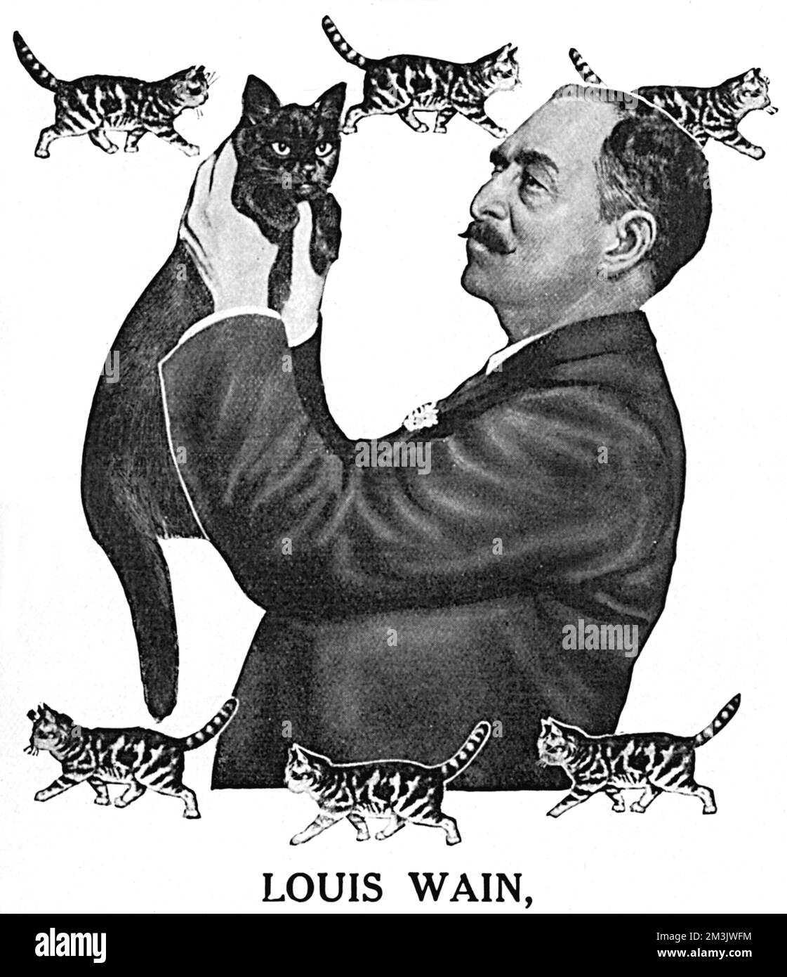 Louis Wain stammt aus einer Werbung für Phosferine, eine Tonic-Medizin, mit Louis Wain, dem berühmten Katzenkünstler. Wain sagt aus, dass das Tonikum „... ein guter Ansporn ist, den Appetit verbessert und sehr beeindruckende belebende Eigenschaften besitzt“. Wain war in der Lage, eine Vielzahl von Tieren zu zeichnen, bevor er den Ruhm erlangte, den er mit seinen Katzenkreationen erreichte. Leider wurde seine wachsende Besessenheit von Katzen zu Wahnsinn und er starb 1939 mittellos in einer psychiatrischen Anstalt. Stockfoto