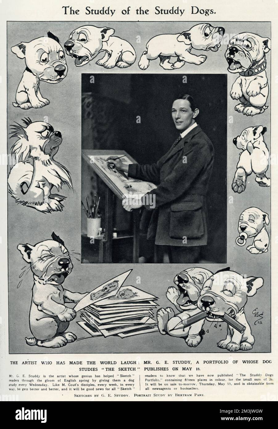 George Ernest Studdy (1878 - 1948), der berühmte Sketch-Künstler und -Schöpfer von Bonzo, umgeben von verschiedenen Zeichnungen seiner Schöpfung. „Bonzo“, ein kleiner Hund mit untertassenähnlichen Augen und wahlloser Zucht, der 1922 erstmals in der Skizze erschien. Der „Bonzo“-Wahnsinn durchwühlte die Welt und führte zu Postkarten, Einjahreszeitschriften, Spielzeug und anderen Waren. Studdy produzierte auch vor und nach Bonzo eine große Menge Arbeit für The Sketch, einschließlich seiner späteren Erschaffung, Ooloo, die Katze. Seine frühen Zeichentrickhunde waren einfach als „Studdy Dog“ bekannt, bis die Leser einen Namen verlangten und Bruce Ingram, der ILN-Redakteur, s Stockfoto