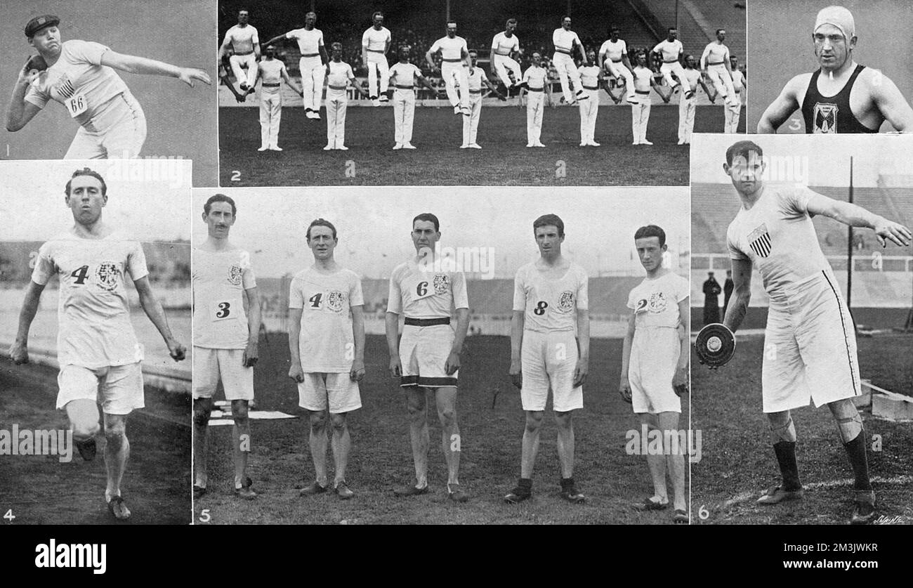 Szenen der Olympischen Spiele 1908 im Shepherd's Bush Stadion in London. 1. R. W. Rose (USA), Gewinnerin von „Putting the Weight“, 46ft 7 1/2 in. 2. Turnen-Team-Wettbewerb - Schwedisch. 3. H. Taylor (GB) gewann das 400 Meter lange Schwimmwettlauf um über 4 Yards. 4. J.E. Deakin (GB), der erste Mann, der im Team Race Finale zu Hause ist. 5. Gewinner des Team Race für Großbritannien. 6. M.J. Sheridan (USA) gewann den Discus-Wurf mit 134ft. 2in. Stockfoto