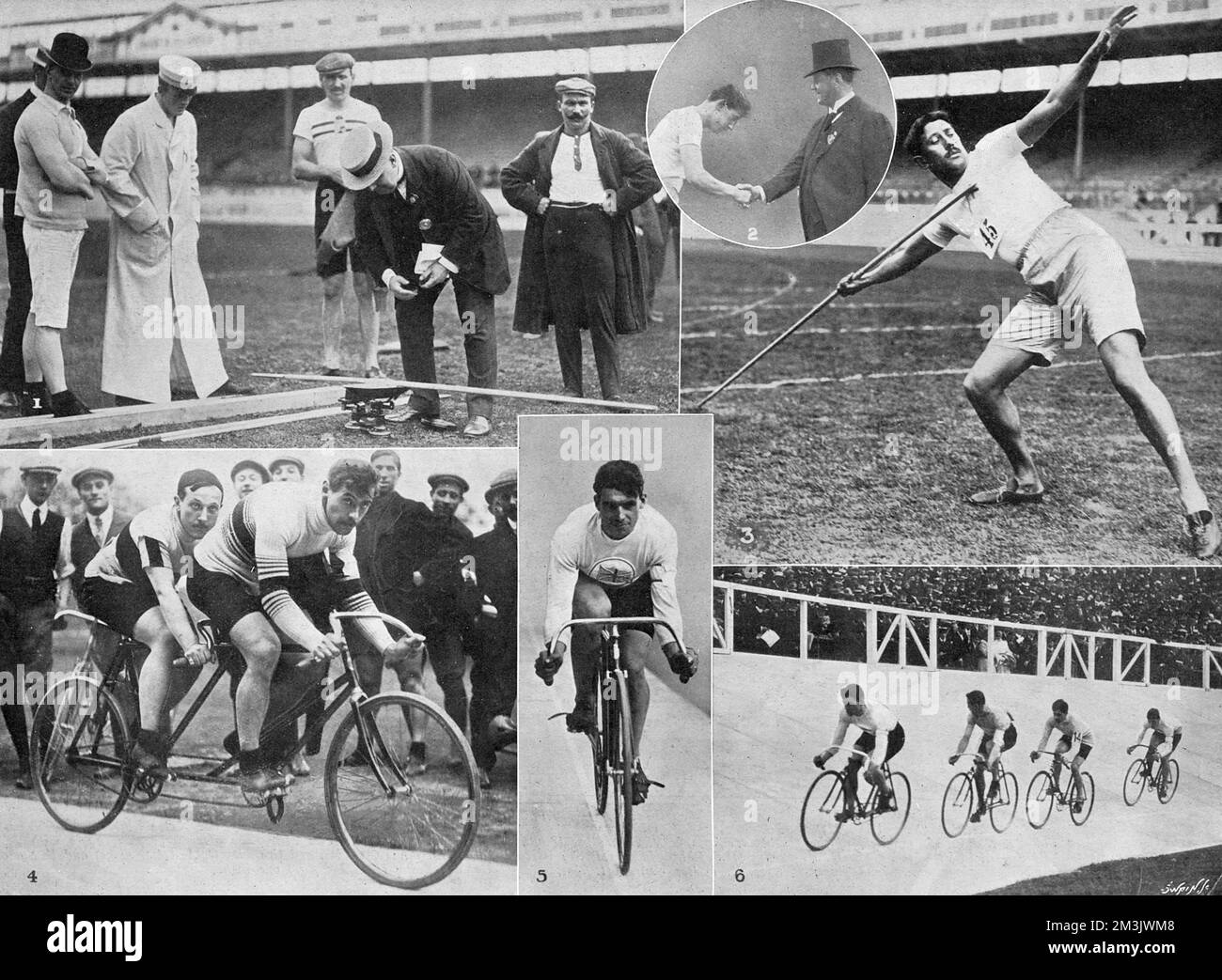 Fotoserie der Olympischen Spiele 1908 in London. 1. Wägung der Speere. 2. Der schwedische Präsident gratuliert dem Gewinner. 3. E. V. Lemming (Schweden), Gewinner des Javelin-Wurfes, freier Stil, 179ft, 10 1/2 cm. 4. H. Schilles und A. Auffray (Frankreich), Gewinner des 2000 Meter langen Tandem-Race mit dem Rad in 3 Minuten, 7 und 3/5 Sekunden. 5. V. L. Johnson (Großbritannien), Gewinner der 660 Yards. 6. Finale des 660-Yard-Rennens. 1908 Stockfoto