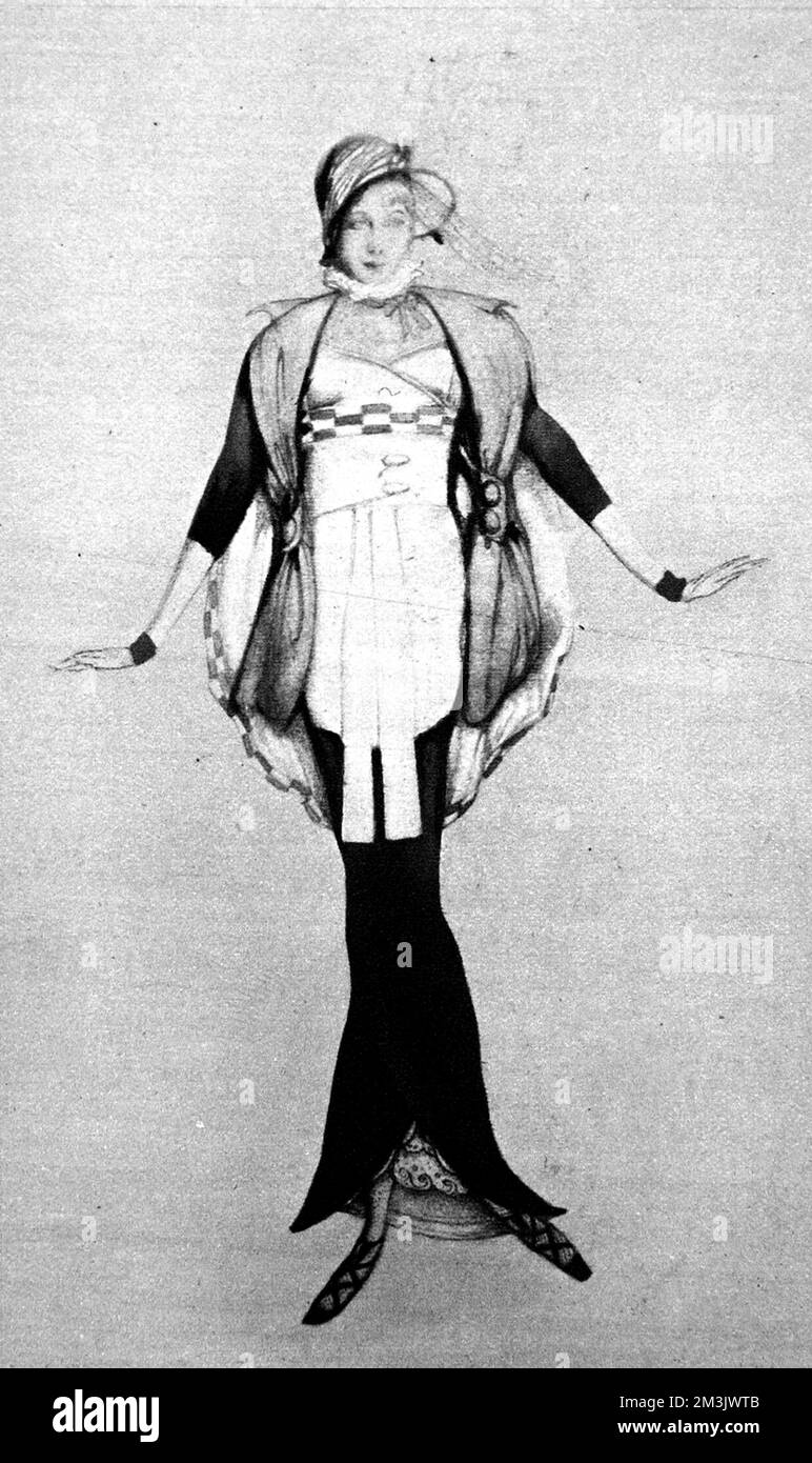 Ein Design des futuristischen Künstlers Leon Bakst, das die „Schürfzeit der Erde“ von 1913 ausdrückt. Bakst entworfene Kleider und Landschaften für das russische Ballett zu dieser Zeit. Bei der Gestaltung der Kostüme für Debussys Ballett „Les Jeux“ versuchte Bakst, die Ideen der Zukunft auszudrücken. Er erkannte die Bedeutung der Bewegungsfreiheit in Damenbekleidung an. Datum: 1913 Stockfoto