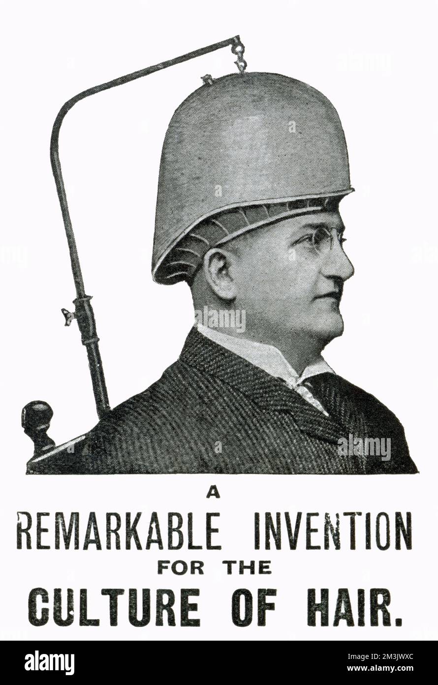 Werbung für den "Evans Vakuumverschluss", eine Erfindung zur Förderung des Nachwuchses von Haaren, 1906. Datum: 1906 Stockfoto