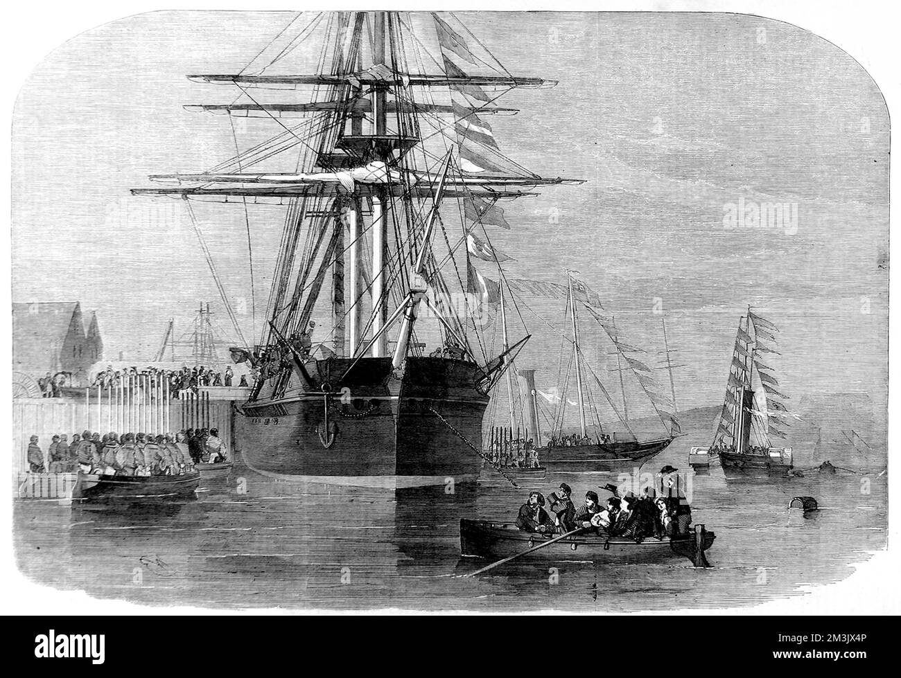 Königin Victoria von Großbritannien an Bord des arktischen Forschungsschiffs HMS „Resolute“ im Hafen von Cowes, 15.. Dezember 1856. 1852 hatte HMS "Resolute" mit drei anderen Royal Navy-Schiffen nach Sir John Franklin gesucht, der 1845 in der Nordwestpassage verschwunden war. Bei ihrer Erkundung der kanadischen Küste wurde Resolute eisgebunden und von ihrer Crew verlassen. Als das Eis schmilzte, reiste das Schiff ohne Besatzung nach Süden, bis es von amerikanischen Walfängern gerettet wurde. Die US-Marine erwarb die Resolute und stellte sie wieder her, segelte sie dann zurück nach England, um dort Pres zu werden Stockfoto