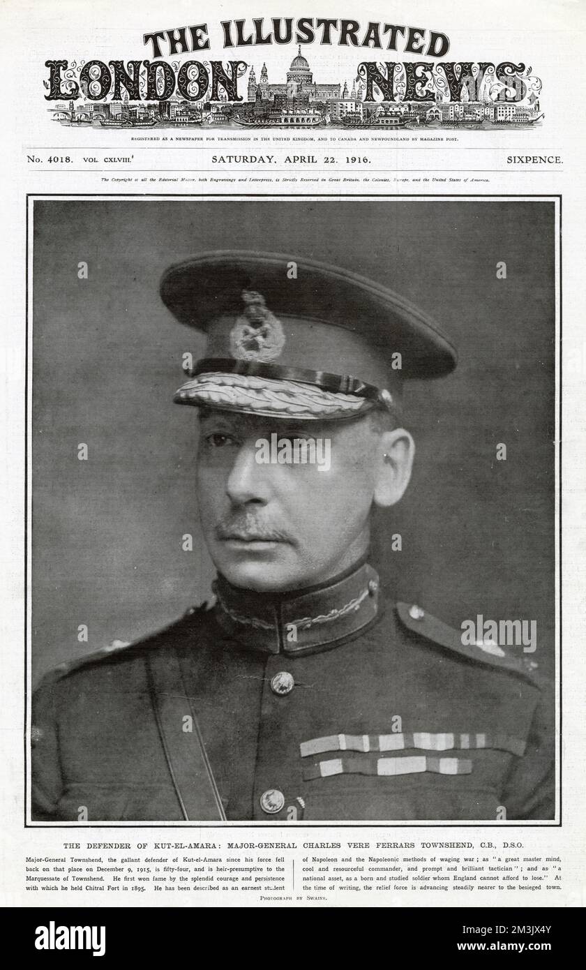 Generalmajor Charles Townshend (1861-1924) führte eine lange und ausgezeichnete Karriere in der britischen Armee. Im Ersten Weltkrieg befehligte er eine angloindische Truppe gegen die Türken in Mesopotamien (moderner Irak). Nachdem er von der türkischen Armee zum Rückzug gezwungen worden war, haben er und seine Männer sich im Dezember 1915 in Kut al-Amara verwurzelt. Sie haben der belagernden Armee Widerstand geleistet, bis Townshend sich im April des darauf folgenden Jahres ergeben hat und er und die Überlebenden in Gefangenschaft genommen wurden. Stockfoto