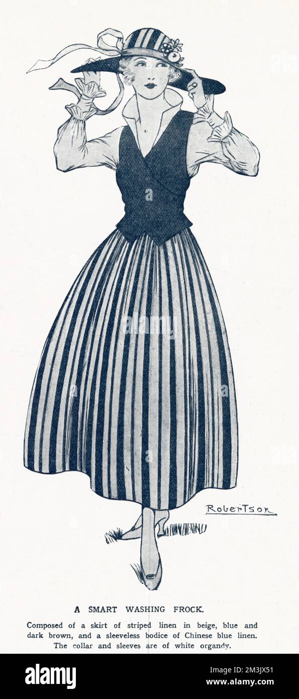 Woman in smart washing Kleid“ aus gestreiftem Leinen von der Damenseite der illustrierten London News, die während des Ersten Weltkriegs veröffentlicht wurde. Stockfoto