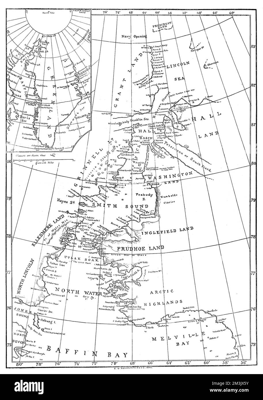 Gravur mit einer Karte von Smith Sound und Grönland, wie sie im Mai 1875 genannt wurde. Ein großer Teil der Karte ist fehlerhaft oder fehlt im Detail, da das arktische Gebiet bis zu dieser Zeit von Europäern nur wenig besucht worden war. Im Sommer 1875 schickte die britische Admiralität Captain George Nares mit zwei Schiffen, HMS „Alert“ und HMS „Discovery“, um den Nordpol über Smith Sound zu erreichen. Der Versuch war erfolglos, aber es wurde ein neuer Rekord für den „äußersten Norden“ aufgestellt, die Küsten Grönlands und der Insel Ellesmere wurden weiter kartiert und viele wissenschaftliche Daten gesammelt. Datum: 1875 Stockfoto