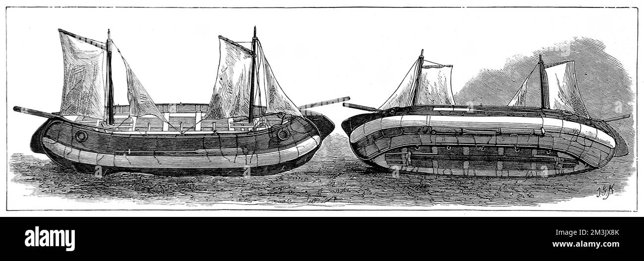 Gravur eines patentierten umkehrbaren Rettungsboots für Schiffe, entworfen von Anderson und Burkinshaw vom Bridlington Quay, 1875. Das Rettungsboot konnte in beiden Richtungen nach oben eingesetzt werden und seine Schwimmfähigkeit aus zwei großen Korkstücken und 40 luftdichten Tanks ableiten. Datum: 1875 Stockfoto