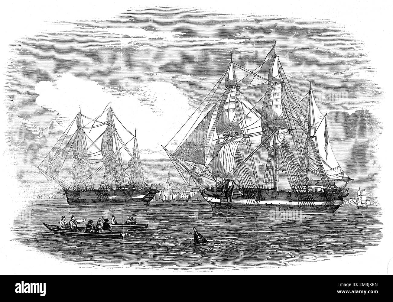 HMS „Erebus“ (links) und HMS „Terror“, abgebildet auf der Themse, 1845. Im Jahr 1845 schickte die britische Admiralität zwei polare Forschungsschiffe, HMS „Erebus“ und HMS „Terror“, um nach der Nordwestpassage um die Nordküste Kanadas zu suchen. Die Expedition auf Kommando von Sir John Franklin verschwand Ende 1845 und keiner der Männer wurde je wieder gesehen. Die Schiffe schafften es in die King William Island Region, steckten dann im Eis fest, und die Überlebenden liefen aus dem Schiff und fuhren nach Süden. Aber keiner schaffte es in Sicherheit und es wird angenommen, dass alle gestorben sind Stockfoto