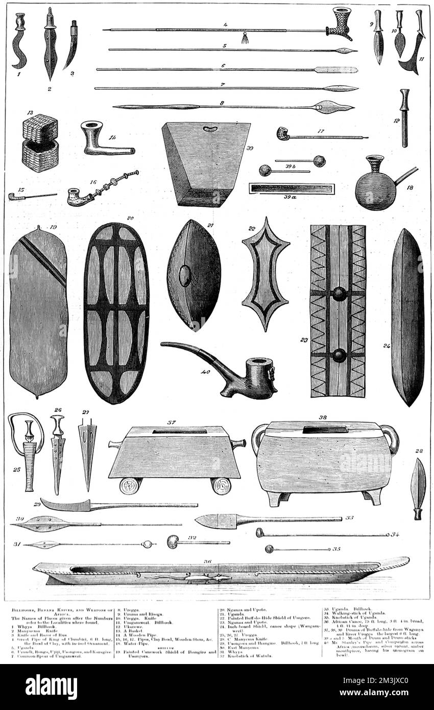 Eine Reihe von Artefakten, gesammelt von Sir Henry Morton Stanleys angloamerikanischer Expedition von 1874-1877. Zu den indianischen afrikanischen Gegenständen gehören Messer, Rohre, Schilde, Speere, Trommeln und ein Kanu. 1878 Stockfoto