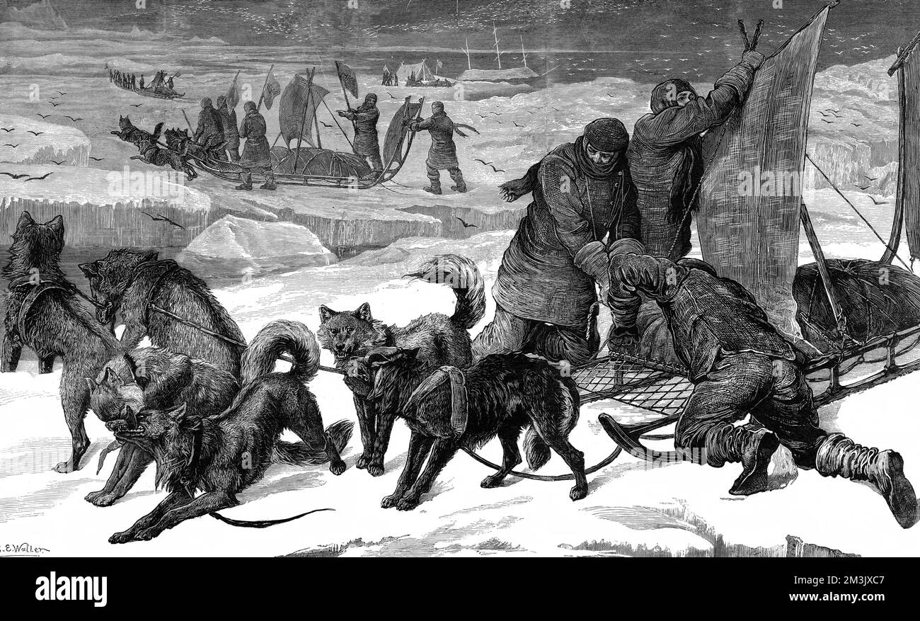 Gravur mit Schlitten für den Einsatz in der Arktis, ca. 1875. Wie aus dem Bild ersichtlich, bevorzugten viele Entdecker der Arktis Schlitten, die von Hunden gezeichnet wurden, wobei nach Möglichkeit auch Segel eingesetzt wurden. Datum: 1875 Stockfoto