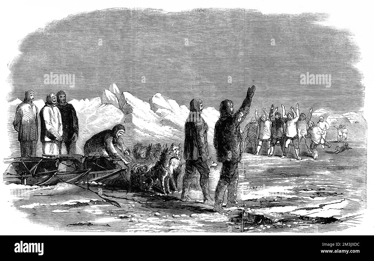 Captain McClintock und ein Schlittenteam der "Fox" Expedition treffen einige Inuit in Cape Victoria, Boothia Felix, 1859. Der von McClintock befehligte "Fox" reiste in die Arktis auf der Suche nach Sir John Franklins schlechter Schicksalsexpedition von 1845. Während des dargestellten Treffens erzählten die Inuit McClintock von einer Gruppe hungernder weißer Männer, die sie schon Jahre zuvor in der Nähe der Mündung des Great Fish River gesehen hatten. Das waren die letzten Überlebenden von Franklins Expedition. Mit dieser Information konnte McClintock endlich das Rätsel von Franklins Verschwinden lösen. 1845 die britische Admira Stockfoto