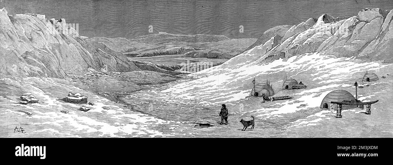 Die Iglus der American Franklin Search Expedition von 1878-1880, am Hayes River, Big Bend, 19.. Mai 1879. Diese Expedition war eine von vielen, die in der Arktis nach Zeichen von Sir John Franklins schlechter Schicksalsexpedition von 1845 suchten. Im Jahr 1845 schickte die britische Admiralität zwei polare Forschungsschiffe, HMS „Erebus“ und HMS „Terror“, um nach der Nordwestpassage um die Nordküste Kanadas zu suchen. Die Expedition auf Kommando von Sir John Franklin verschwand Ende 1845 und keiner der Männer wurde je wieder gesehen. Tatsächlich schafften es die Schiffe in die King William Island Region, dann kamen sie Stockfoto