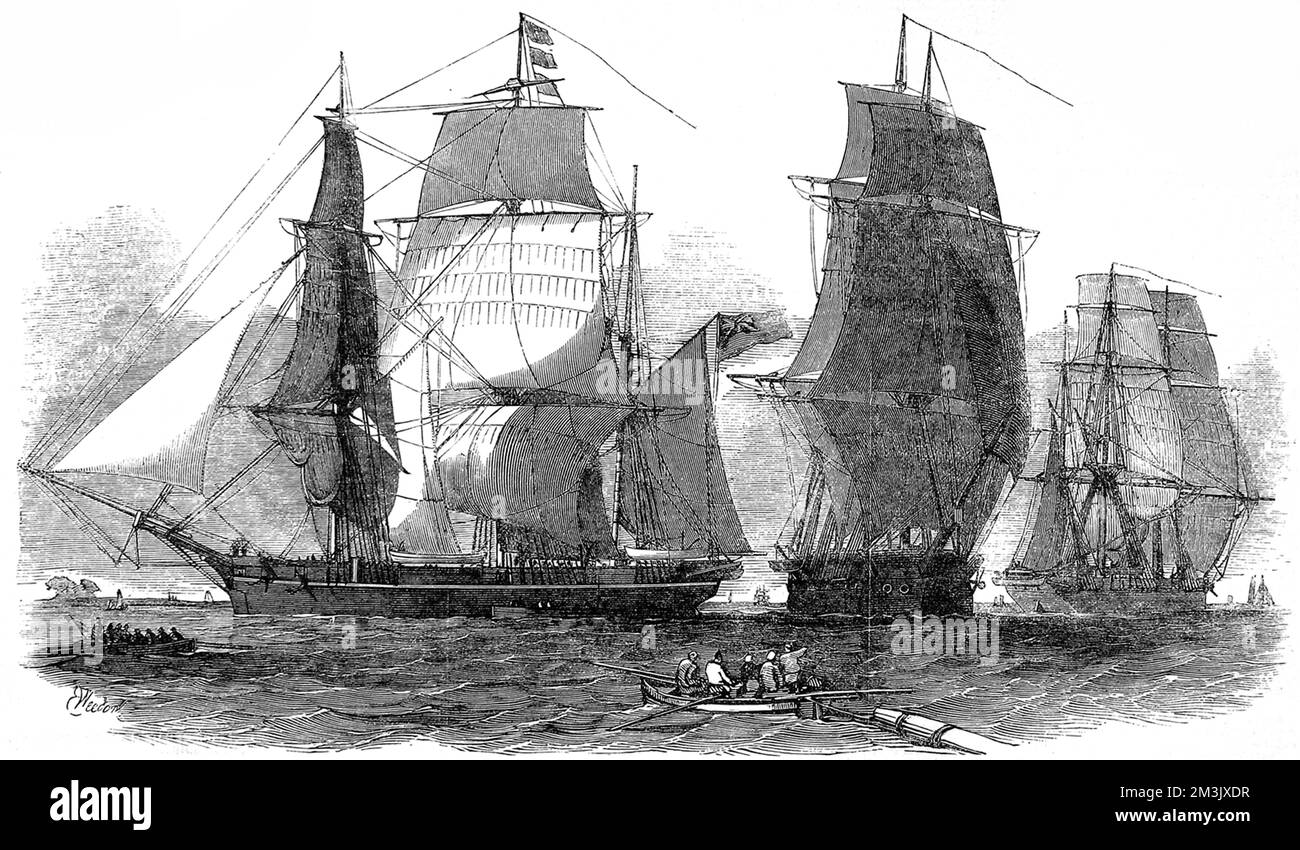 HMS "Assistance", "North Star" und "Resolute"; die drei Hauptschiffe von Sir Edward Belchers Arktis-Suchgeschwader, 1852. Dieses Geschwader in die Arktis, auf der Suche nach Sir John Franklins schlechter Schicksalsexpedition von 1845. Im Jahr 1845 schickte die britische Admiralität zwei polare Forschungsschiffe, HMS „Erebus“ und HMS „Terror“, um nach der Nordwestpassage um die Nordküste Kanadas zu suchen. Die Expedition auf Kommando von Sir John Franklin verschwand Ende 1845 und keiner der Männer wurde je wieder gesehen. Tatsächlich schafften es die Schiffe in die King William Island Region, dann kamen sie Stockfoto
