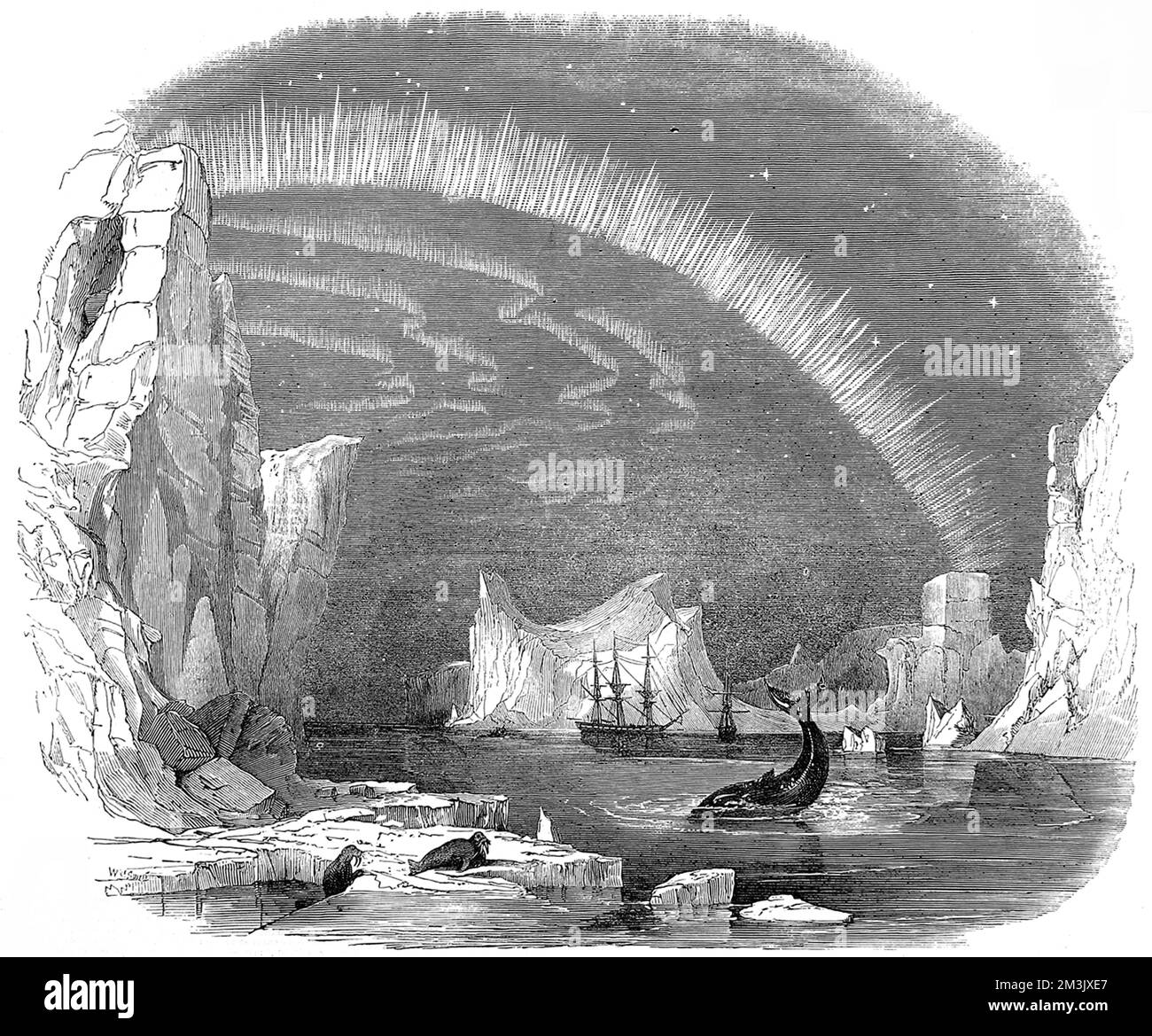 Imaginäre Szene mit einer britischen Arktis-Expedition in der Arktis, ca.1849. Die Gravur zeigt zwei Schiffe im Hintergrund, mit Eisbergen, Walrossen, einem Wal und der Aurora Borealis ebenfalls sichtbar. Dieses Bild wurde erstellt, um den Lesern der „illustrierten London News“ eine Vorstellung von den Bedingungen zu geben, denen die Franklin- und Ross-Expeditionen der 1840er Jahre in der Arktis begegnen könnten. Stockfoto