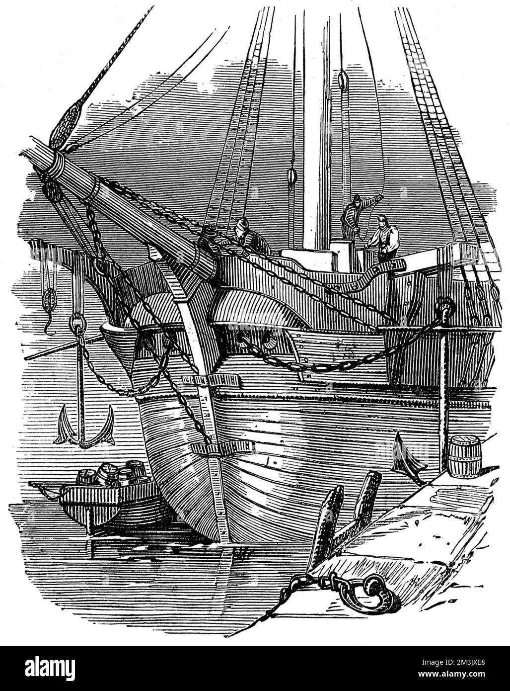Bug der „Enterprise“; eines von zwei Schiffen, die von Sir James Clark Ross's Search Expedition von 1848-1849 benutzt wurden. Ross's Expedition war eine von vielen, die die Arktis nach Zeichen von Sir John Franklins schlechter Schicksalsexpedition von 1845 durchsuchten. Im Jahr 1845 schickte die britische Admiralität zwei polare Forschungsschiffe, HMS „Erebus“ und HMS „Terror“, um nach der Nordwestpassage um die Nordküste Kanadas zu suchen. Die Expedition auf Kommando von Sir John Franklin verschwand Ende 1845 und keiner der Männer wurde je wieder gesehen. Tatsächlich schafften es die Schiffe in die King William Island Region, dann ging es los Stockfoto