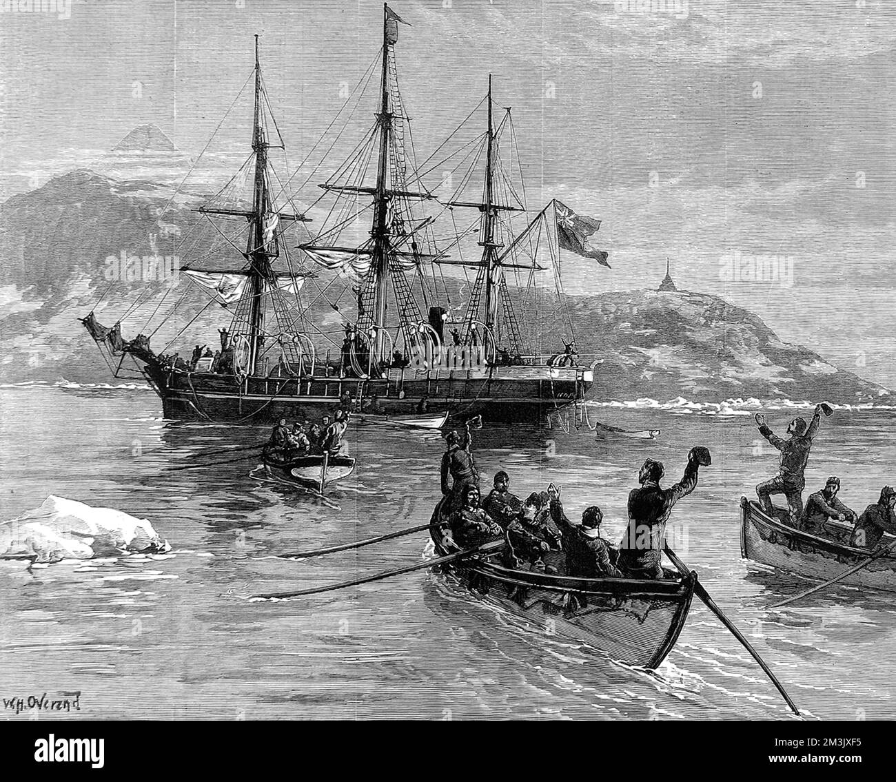 Die Besatzung der „Eira“ Arktischen Expedition von 1881-1882, angeführt von Benjamin Leigh Smith, in den Booten (Vordergrund), die die Sicherheit der Yacht „Hope“ erreichten, August 1882. Die „Eira“ wurde im Eis gefangen und sank im August 1881 vor Cape Flora. Die Crew erlebte dann eine epische Reise in Sicherheit, schleppte die Boote über Eis und segelte durch einen starken Sturm, um zu versuchen, Nova Zembla zu erreichen. Sir Allen Young rettete sie auf dem Schiff "Hope" in der Matotchkin-Straße, August 1882. Stockfoto