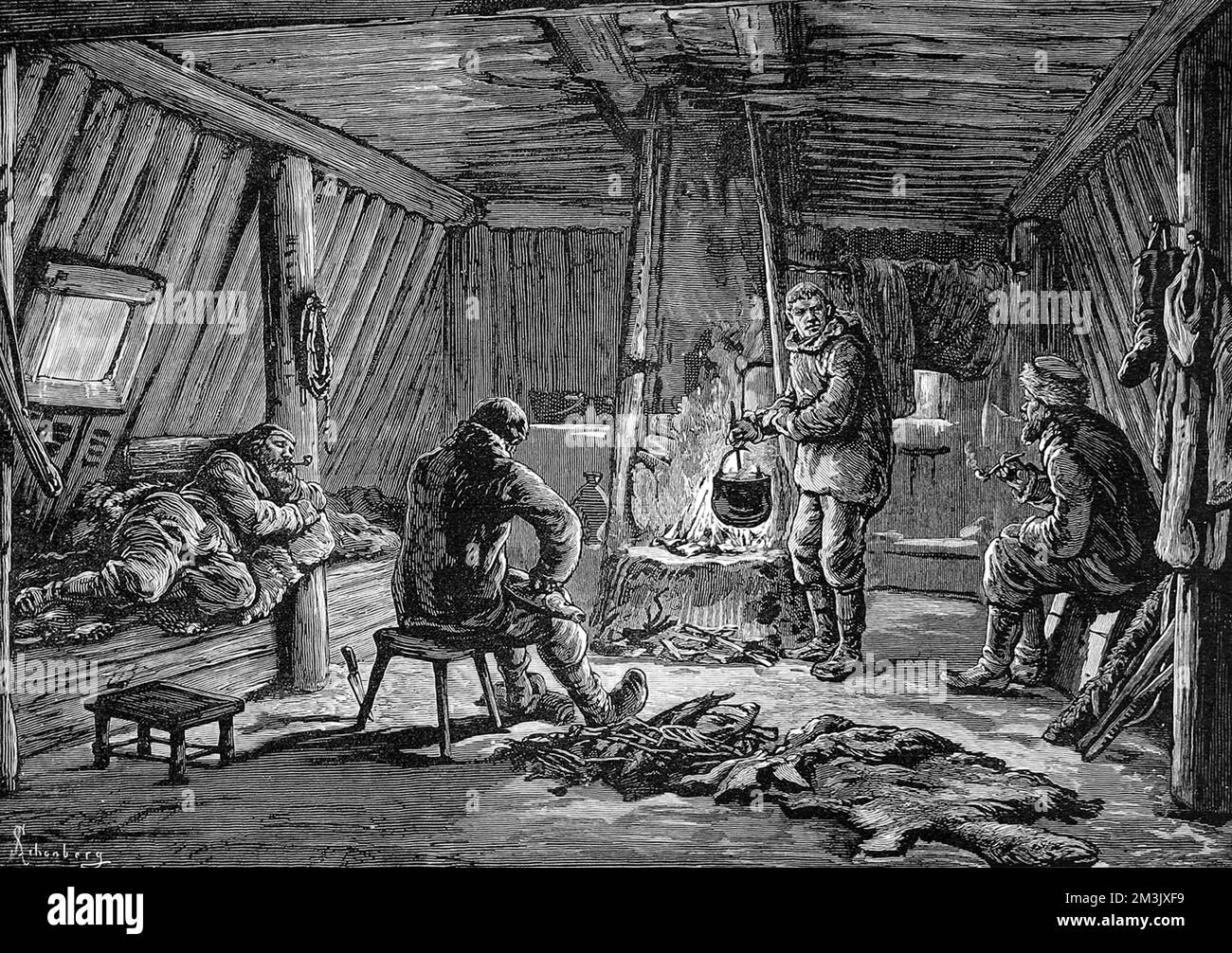 Einige der Überlebenden der „Jeannette“ Arktis-Expedition von 1879-1881, in einer Hütte an der Mündung des Flusses Lena, Sibirien, 1881. 1879 begab sich eine Crew der US-Marine unter der Leitung von Lieutenant Commander George Washington Delong an Bord der Privatyacht „Jeannnette“, um zum Nordpol zu segeln. Die „Jeannette“ trat im September 1879 in den Eisbeutel ein, in der Nähe der Insel Wrangell, und driftete dann bis Juni 1881 in nordwestlicher Richtung, umgeben von Eis. Am 12.. Juni wurde die „Jeannette“ vom Eis zerquetscht und sank, so dass ihre Crew 700 Meilen von der nächsten menschlichen Wohnstätte in Sibirien entfernt war. Die Crew o Stockfoto