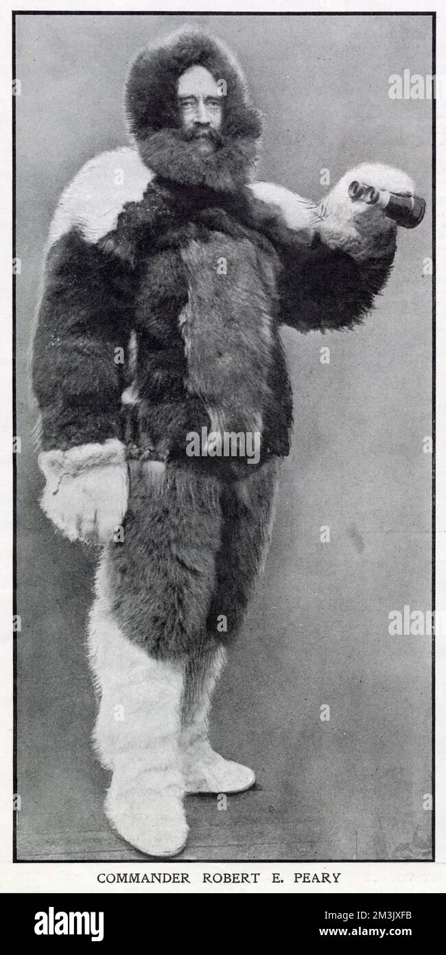 Robert E. Peary (1856-1920), US Naval Commander und Entdecker, fotografiert in seinem Arktis-Pelztrikot, 1909. Er behauptete, der erste Mann zu sein, der am 6. April 1909 den Nordpol erreichte. Stockfoto