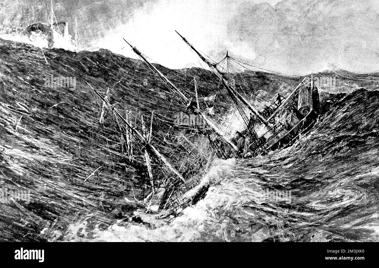 Die Abbildung zeigt das Polarforschungsschiff „Nimrod“ in Richtung Antarktis zu Beginn der Nimrod-Antarktis-Expedition von 1908-09. Die „Nimrod“, die hier ihren Bug in einer monströsen Welle vergraben sah, wurde teilweise von der „Koonya“ (oben links im Bild) von Neuseeland in die Antarktis abgeschleppt. Datum: 1909 Stockfoto