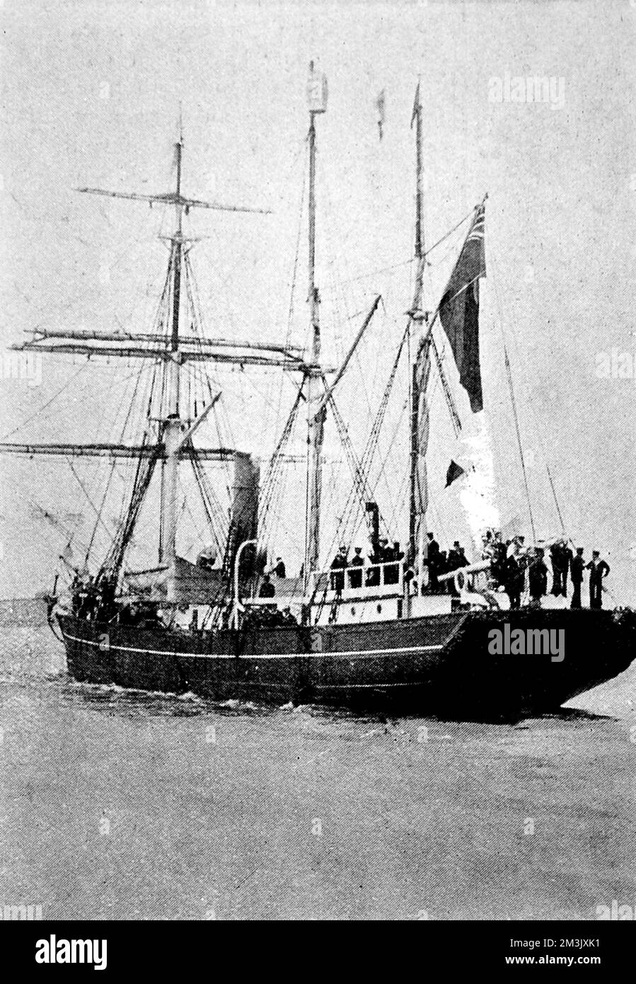 Das Foto zeigt das „Nimrod“, das Polarforschungsschiff, das bei der Nimrod-Antarktis-Expedition von 1908-09 verwendet wurde und 1909 nach Großbritannien zurückkehrte. Der „Nimrod“ mit 227 Tonnen wurde früher als Neufundland-walfänger eingesetzt. Datum: 1909 Stockfoto